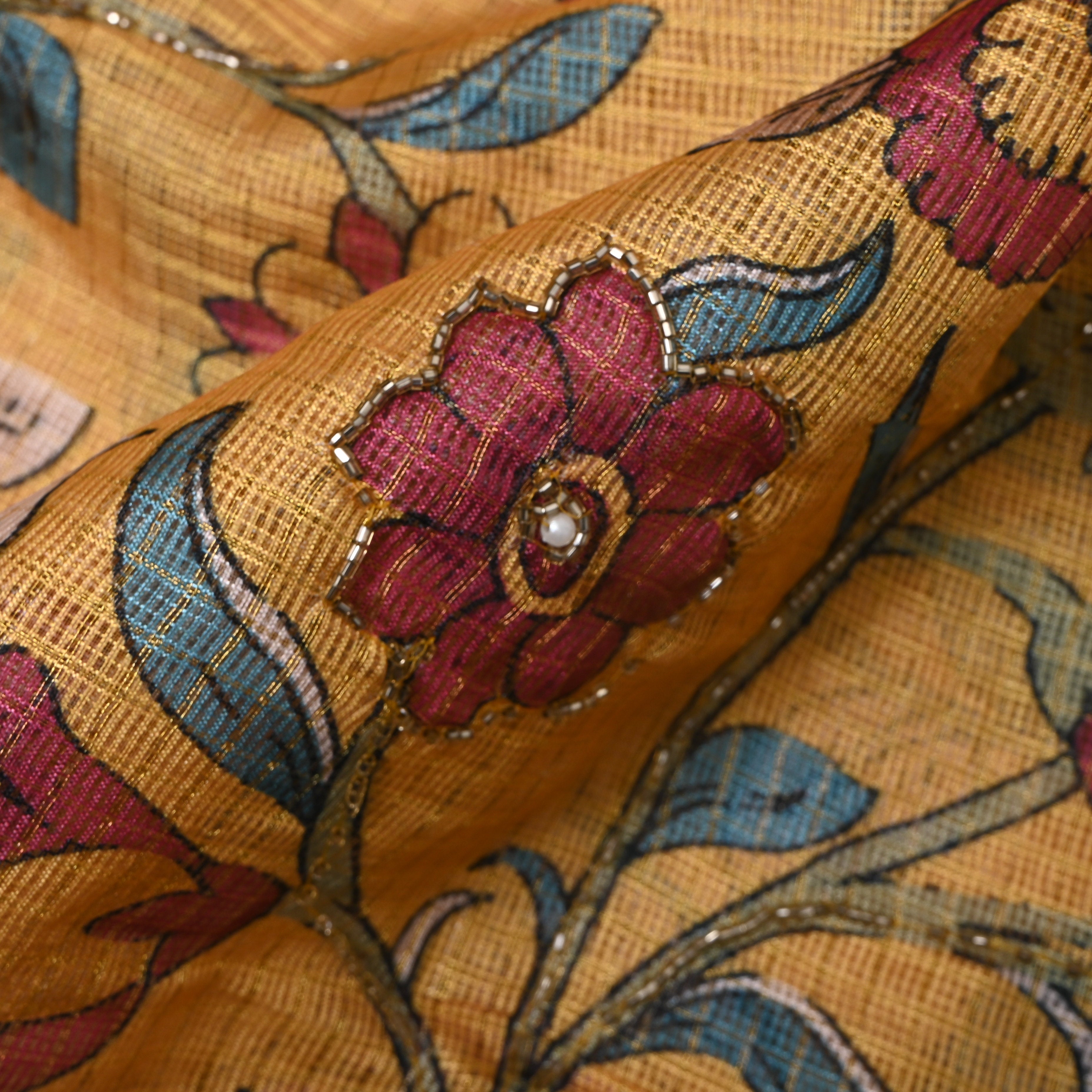 Mustard Printed Embroidery Silk With Floral Vine