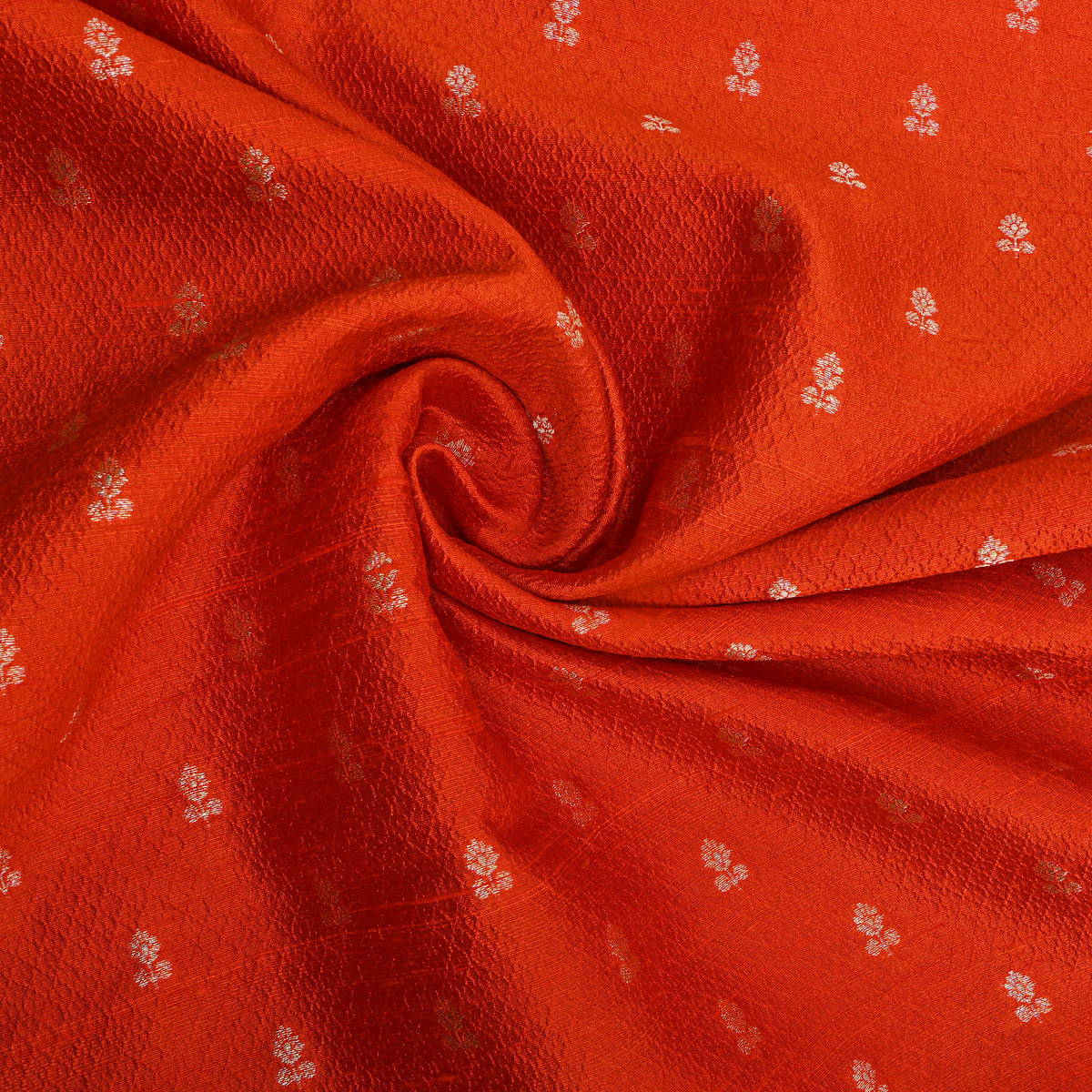 Rust Orange Gold Zari Butti Self Weave Jamawar Silk Fabric