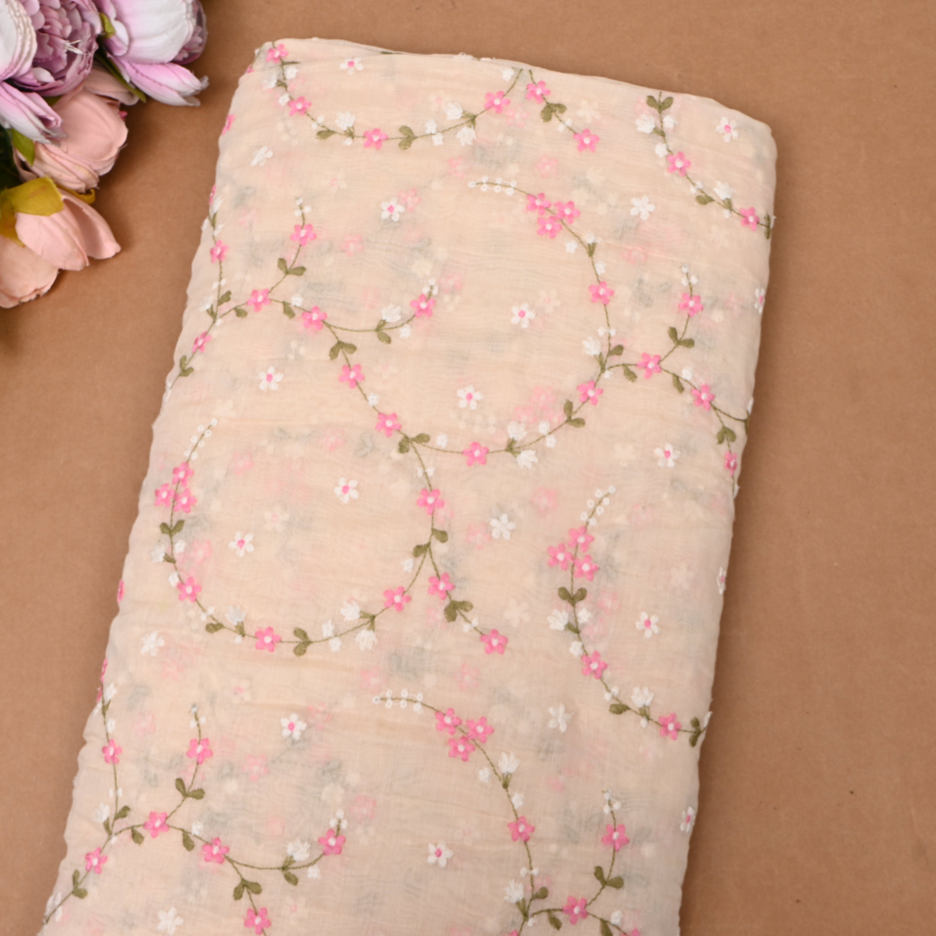 Peach Chanderi With Dainty Pink Floral Vine Embroidery