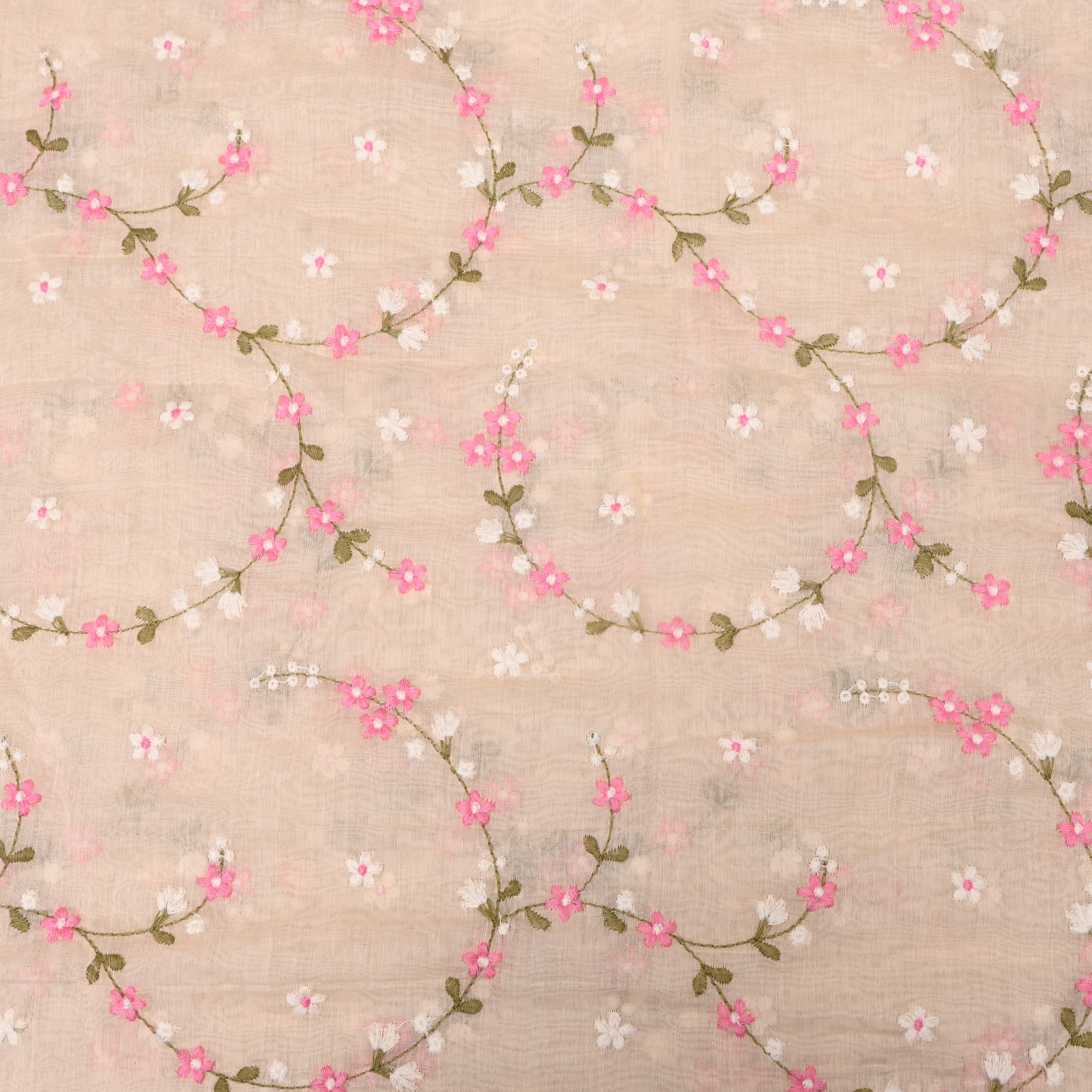 Peach Chanderi With Dainty Pink Floral Vine Embroidery