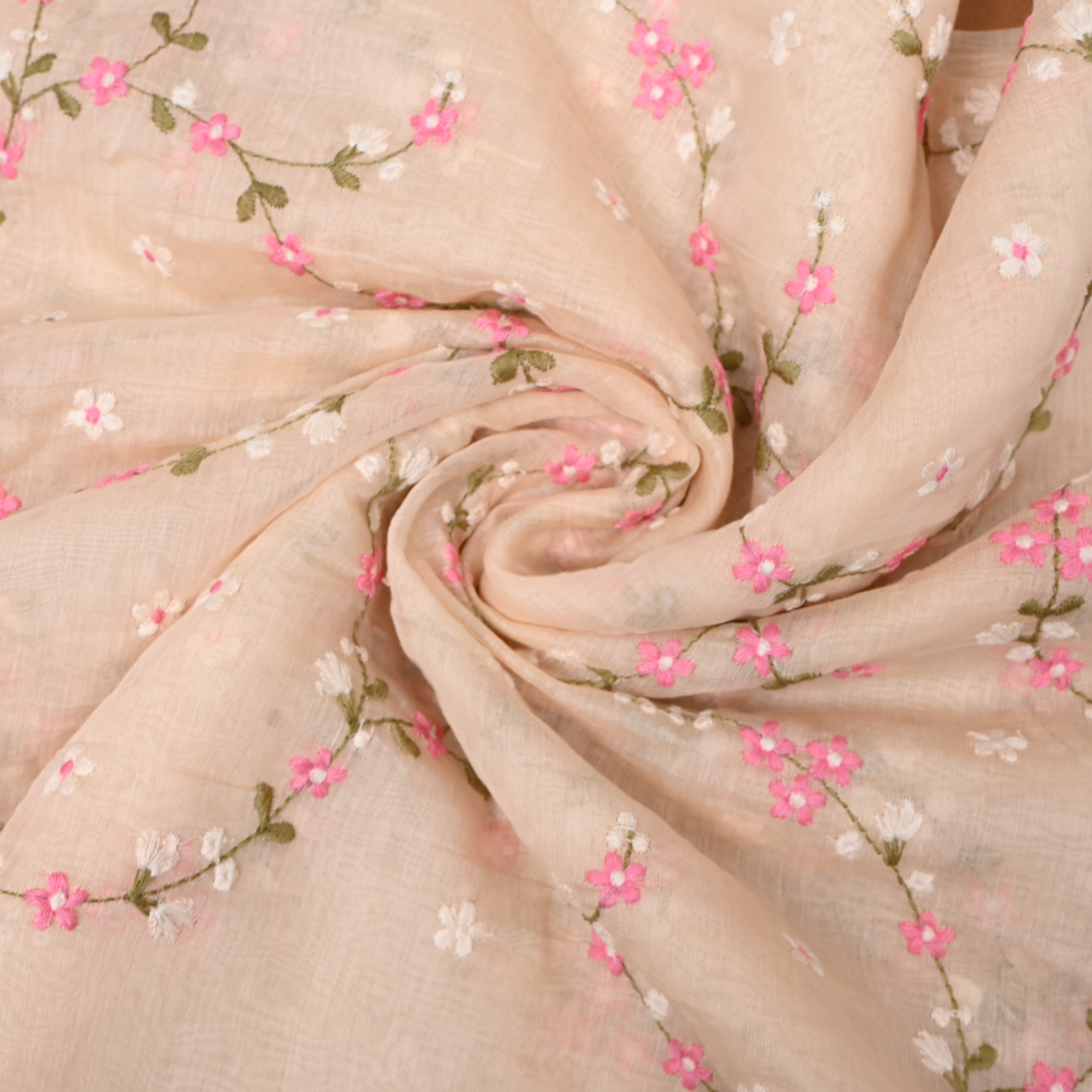 Peach Chanderi With Dainty Pink Floral Vine Embroidery