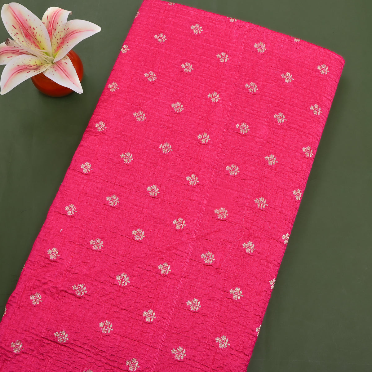 Raspberry Pink Silver Zari Butti Self Weave Jamawar Silk Fabric