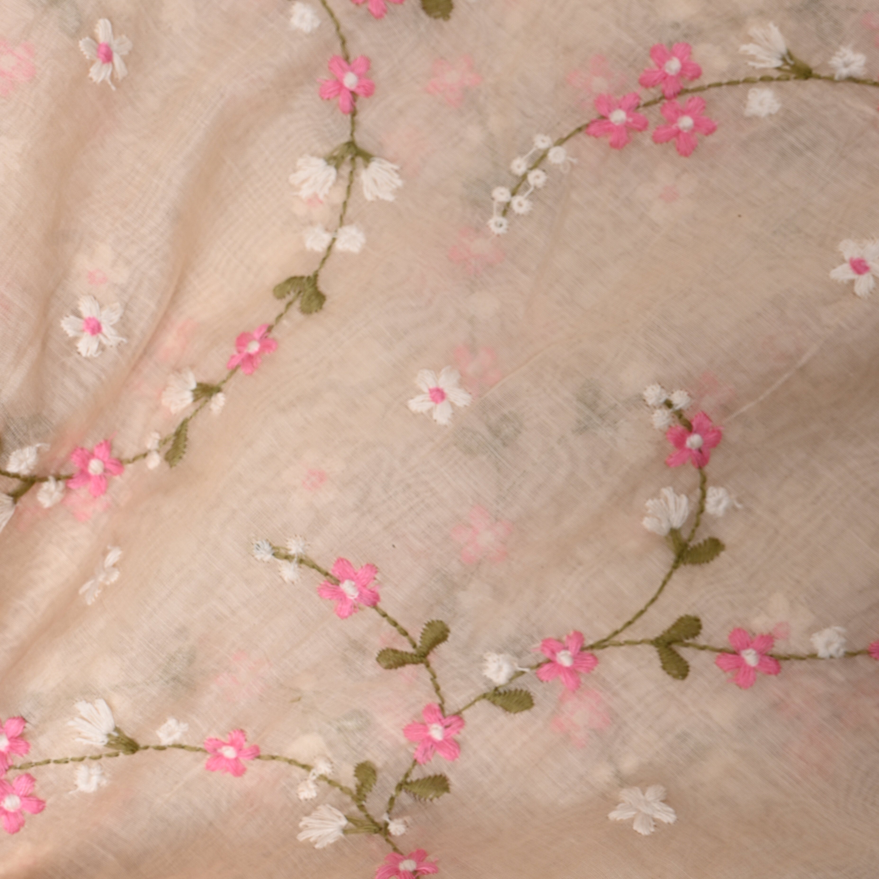 Peach Chanderi With Dainty Pink Floral Vine Embroidery