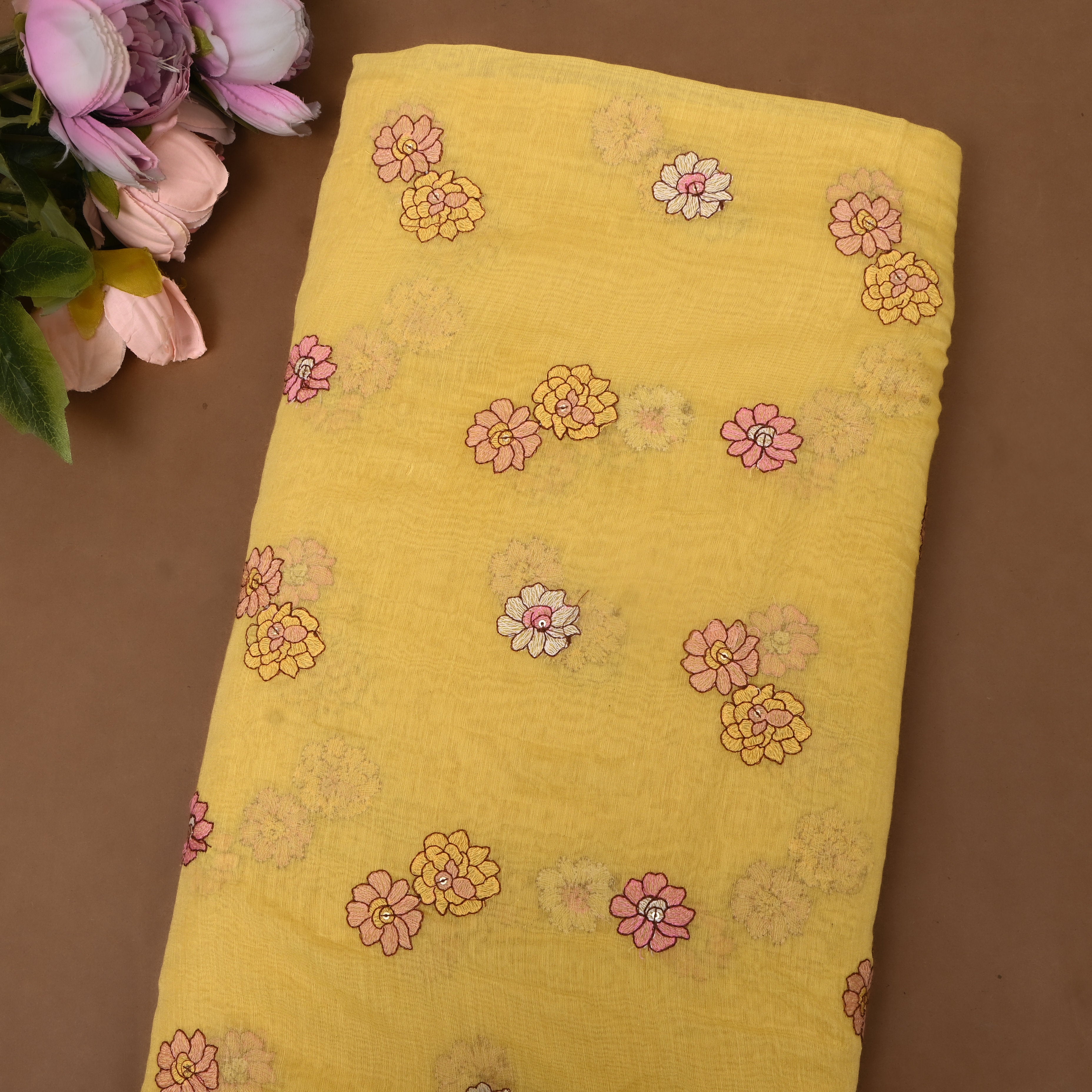 Mustard Yellow Chanderi With Floral Embroidery And Sequin Accents