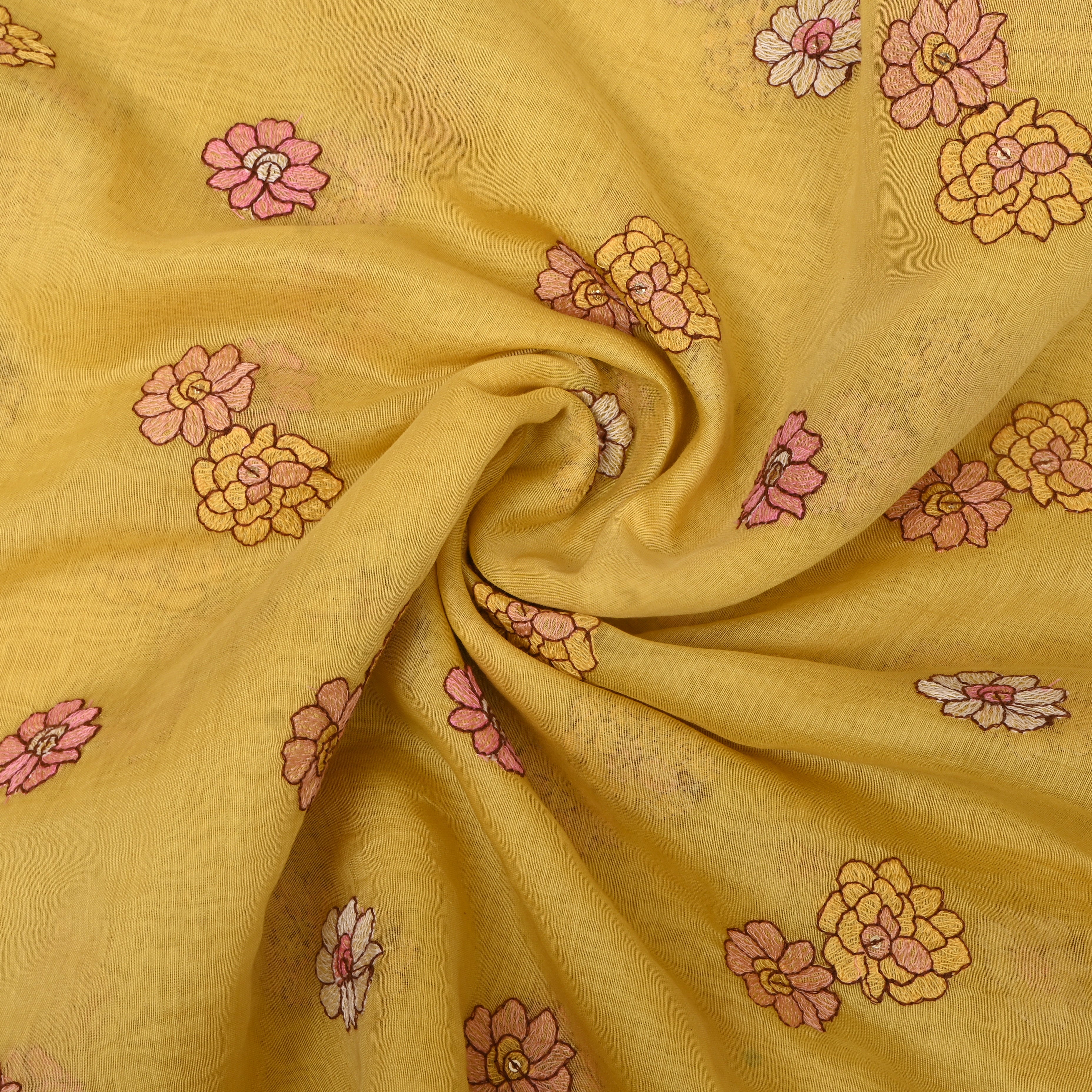Mustard Yellow Chanderi With Floral Embroidery And Sequin Accents