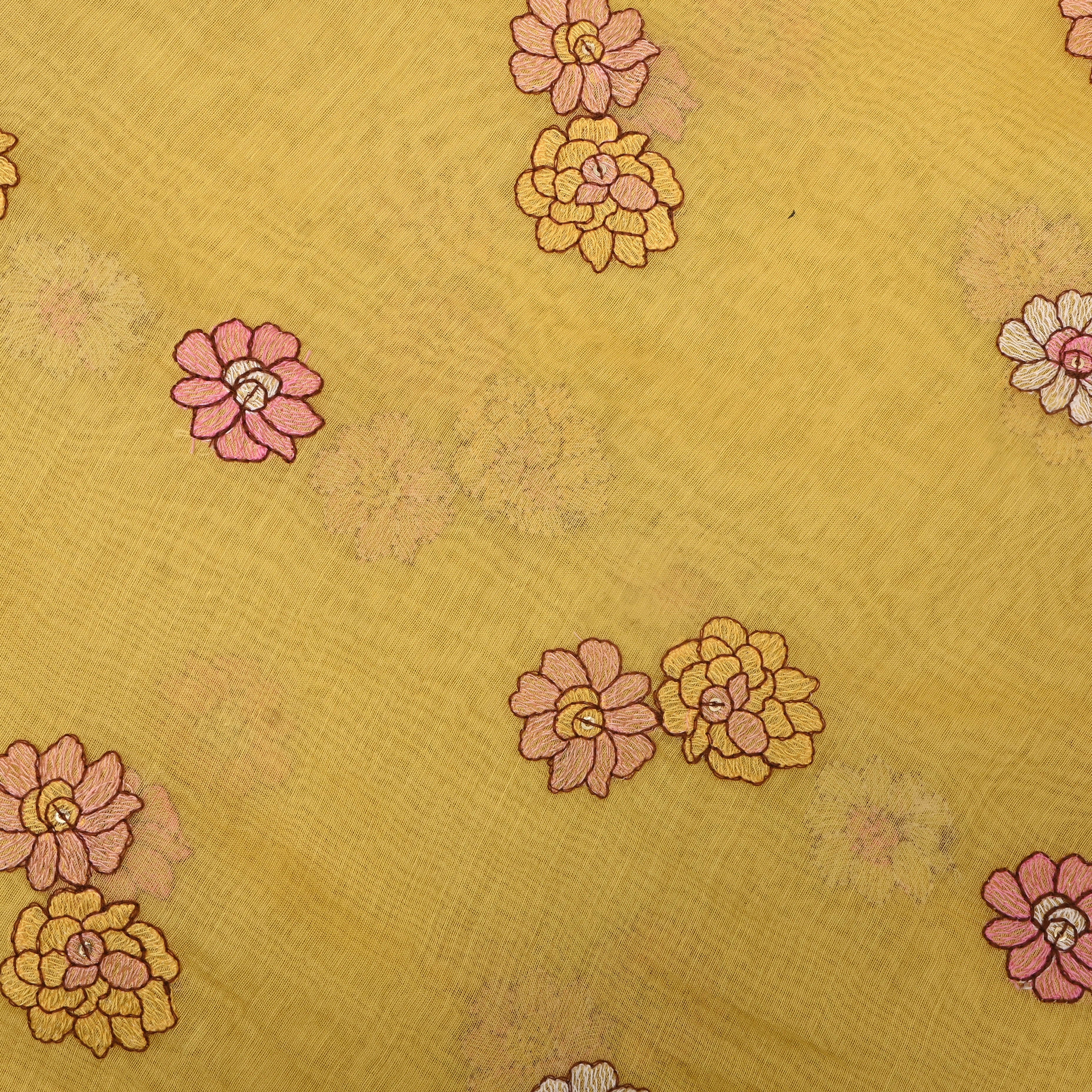 Mustard Yellow Chanderi With Floral Embroidery And Sequin Accents