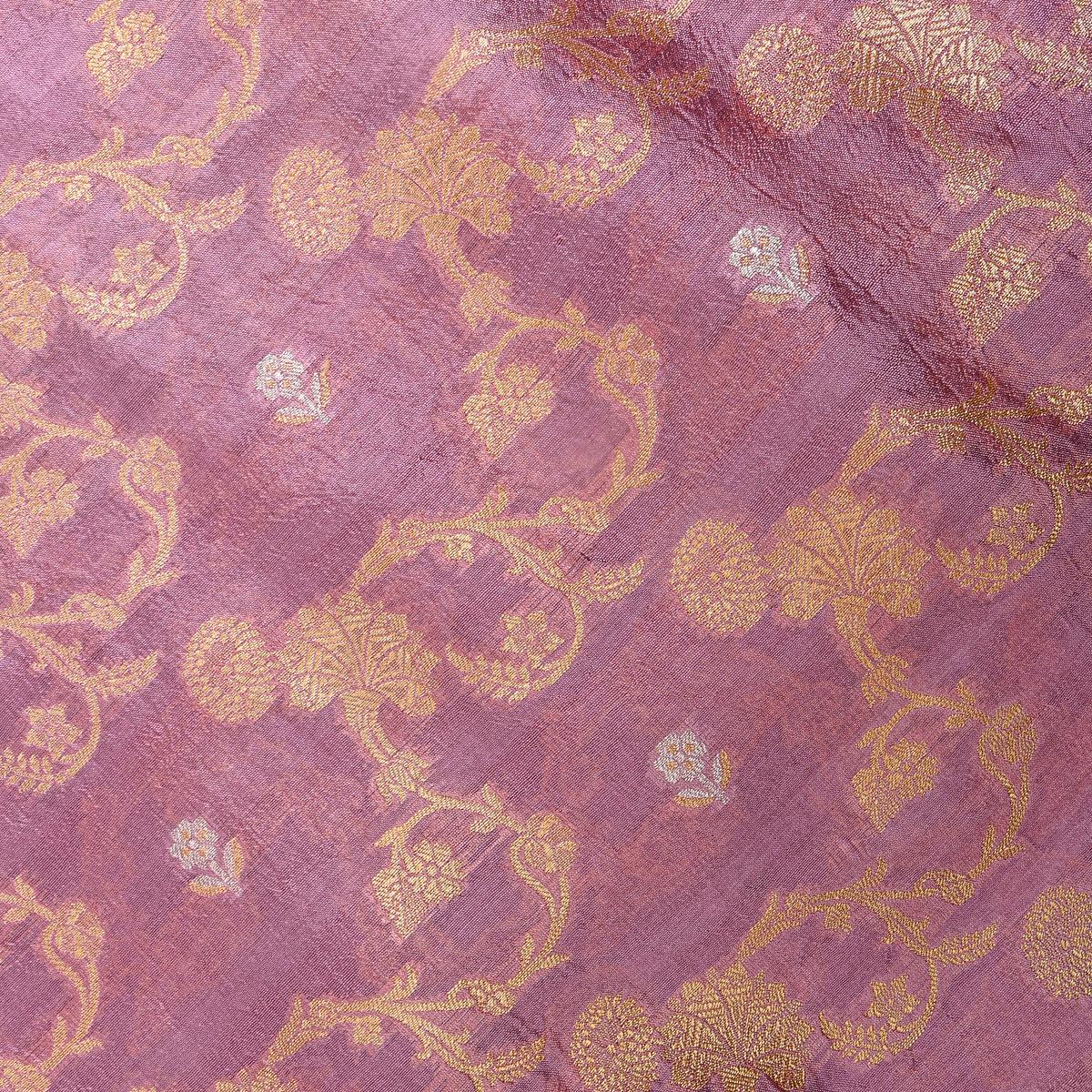 Mauve Gold Floral Vine Silver Butti Jamawar Silk Fabric
