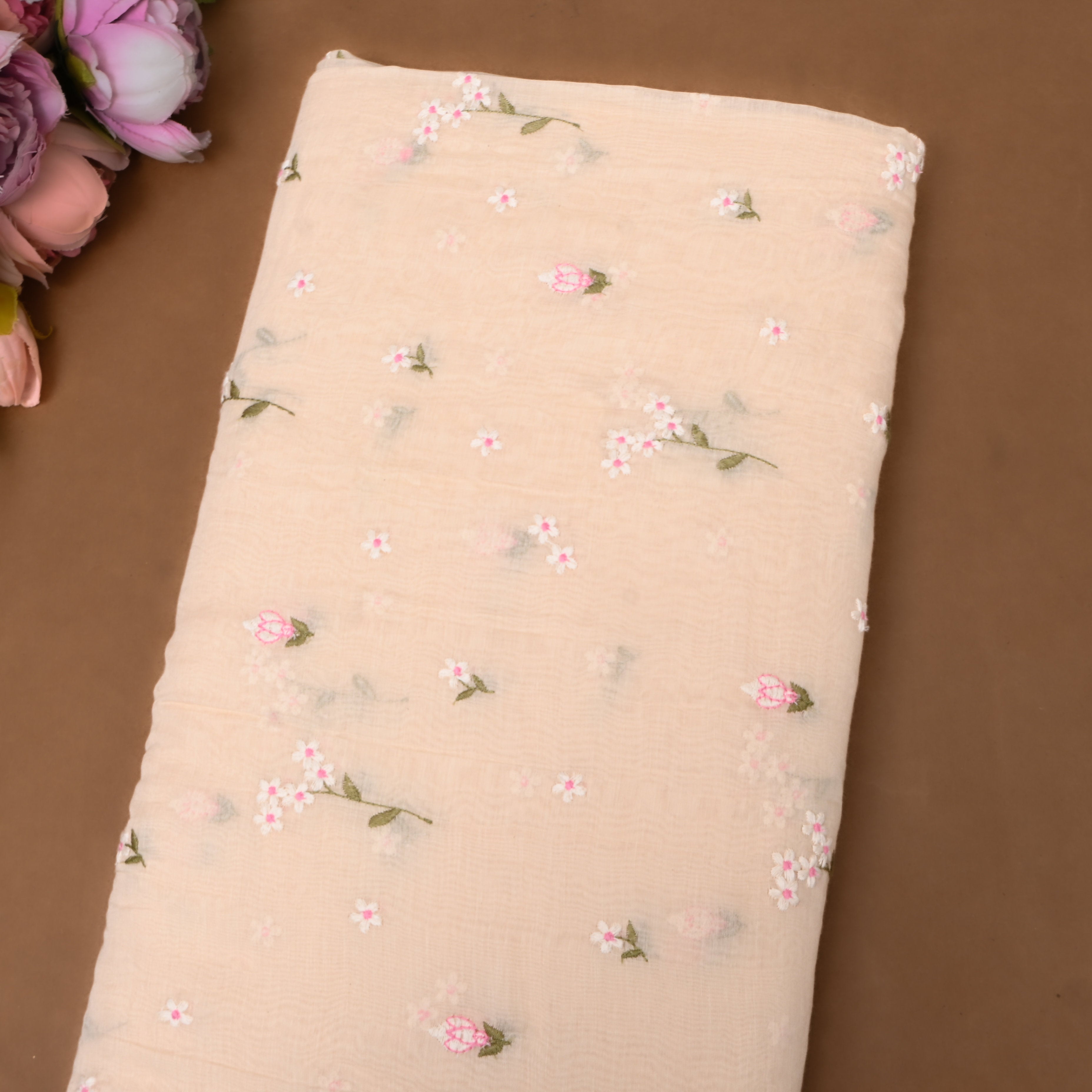 Soft Cream Floral Embroidery Chanderi