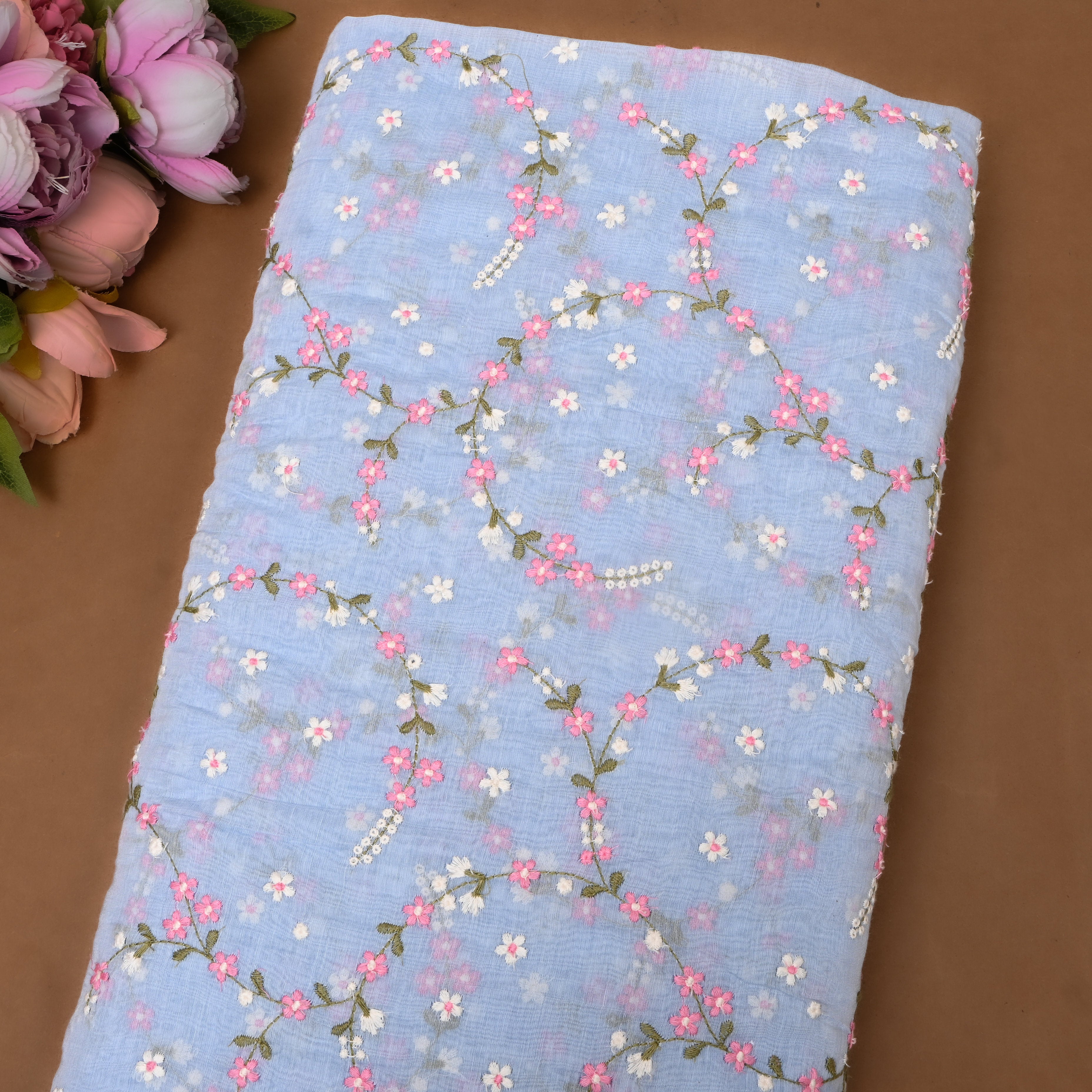 Powder Blue Chanderi With Dainty Pink Floral Vine Embroidery