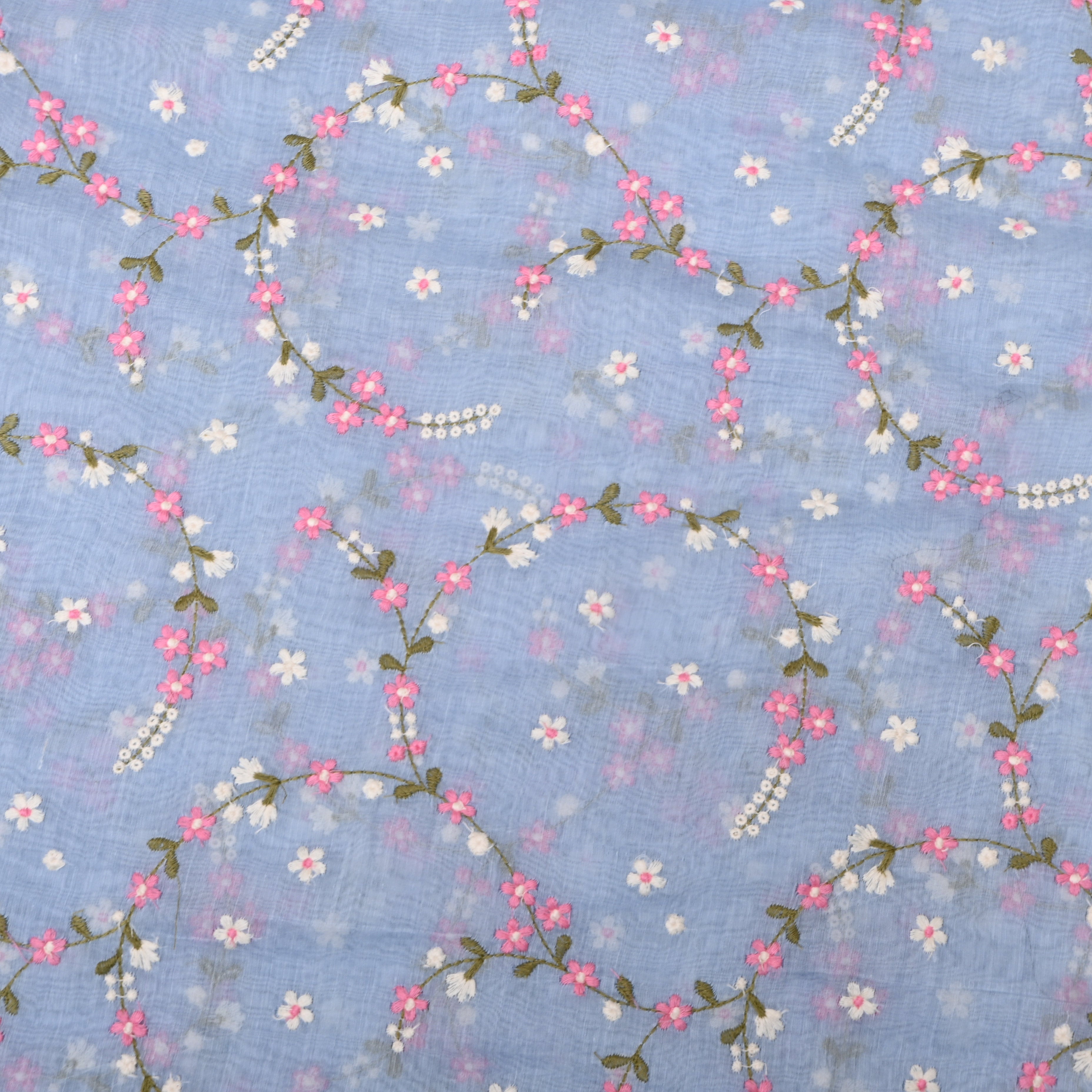 Powder Blue Chanderi With Dainty Pink Floral Vine Embroidery