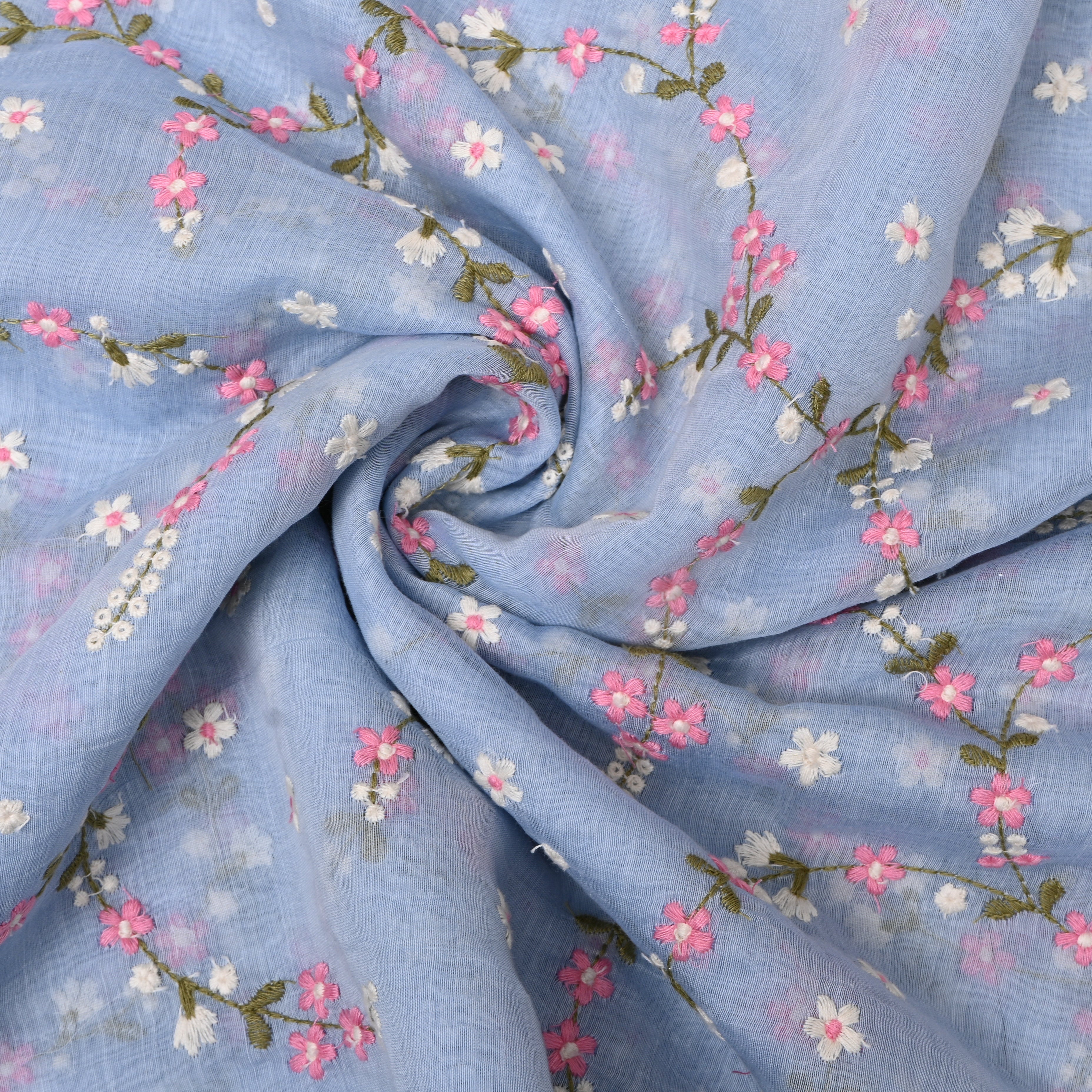 Powder Blue Chanderi With Dainty Pink Floral Vine Embroidery