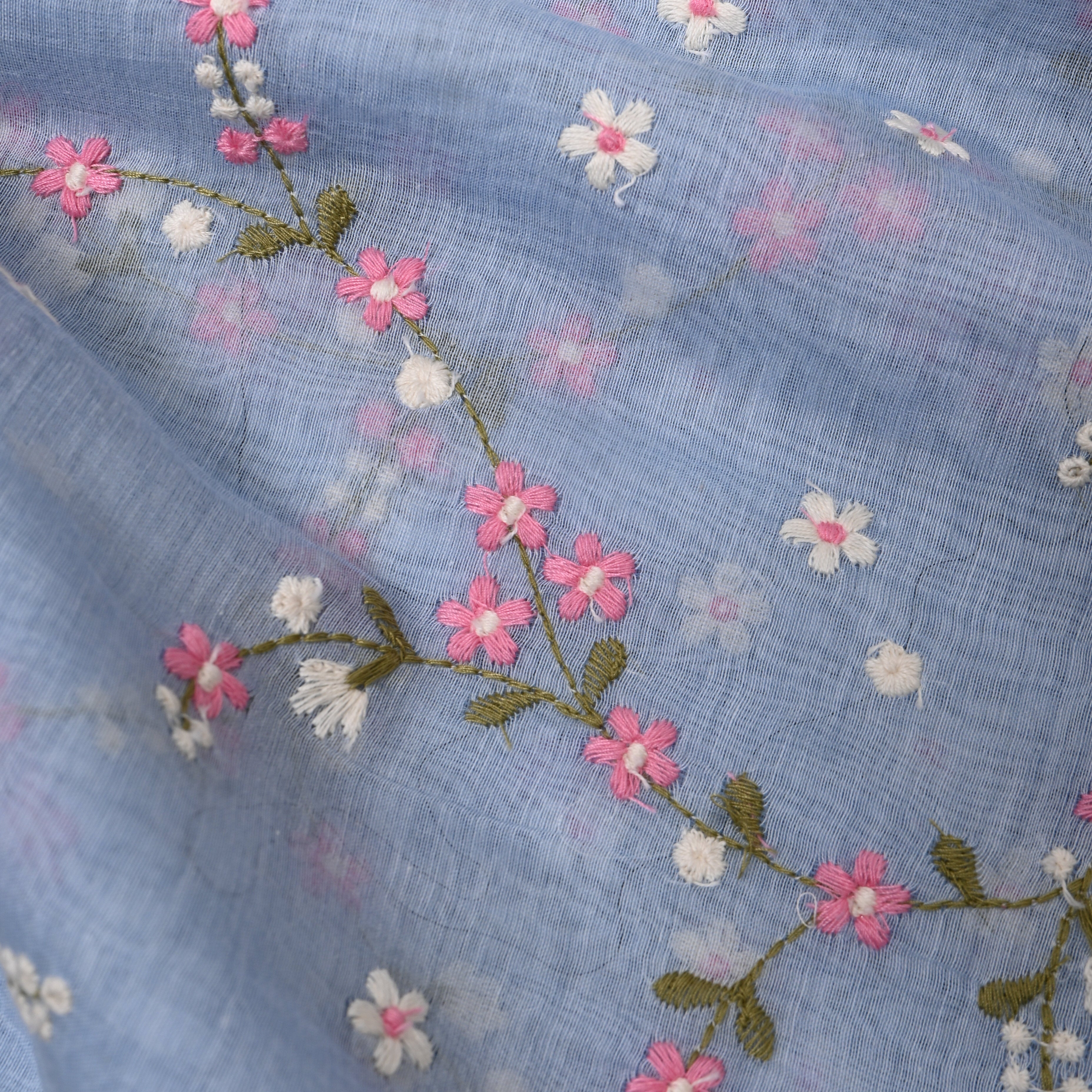 Powder Blue Chanderi With Dainty Pink Floral Vine Embroidery