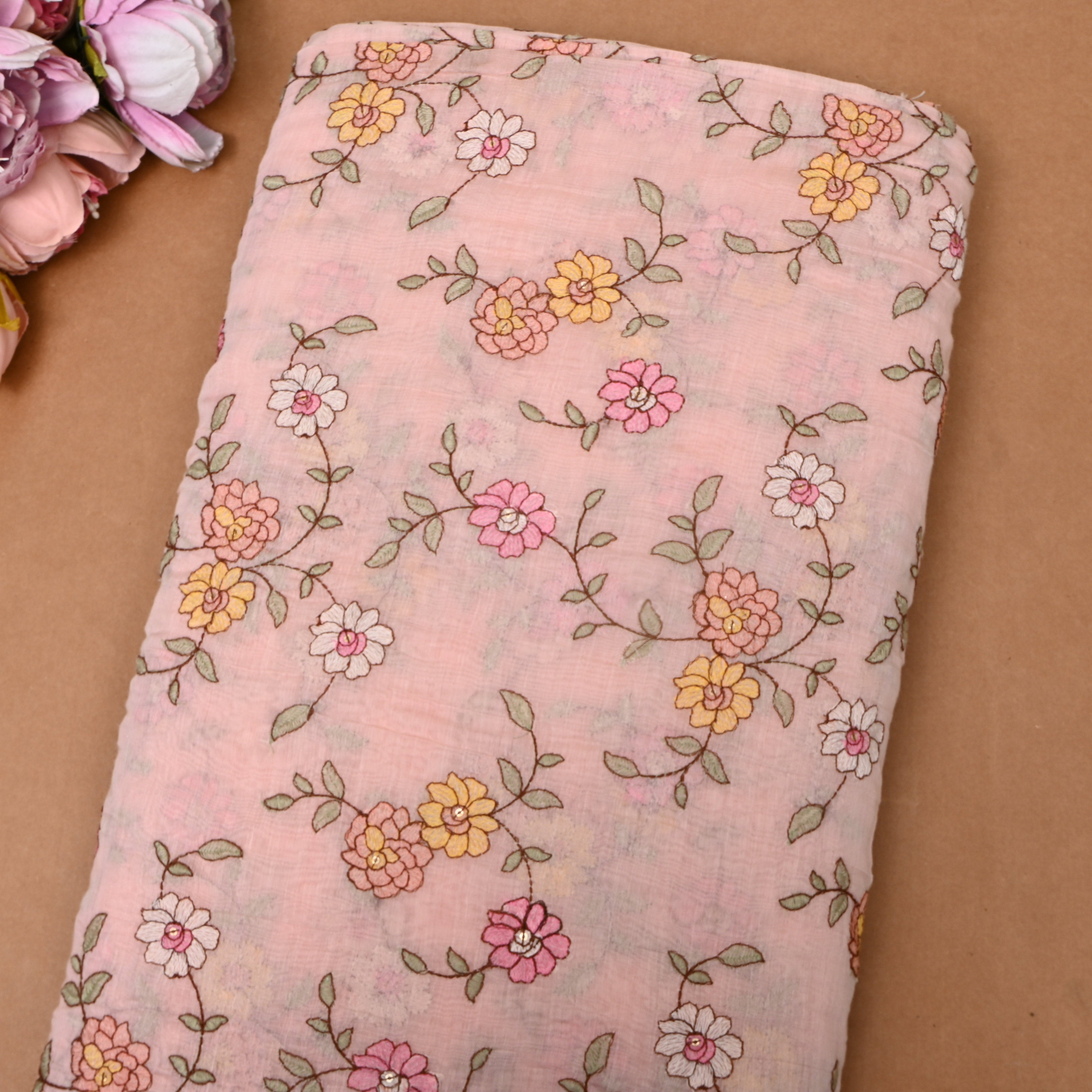 Dusty Pink Chanderi With Floral Vine Embroidery And Sequin Work