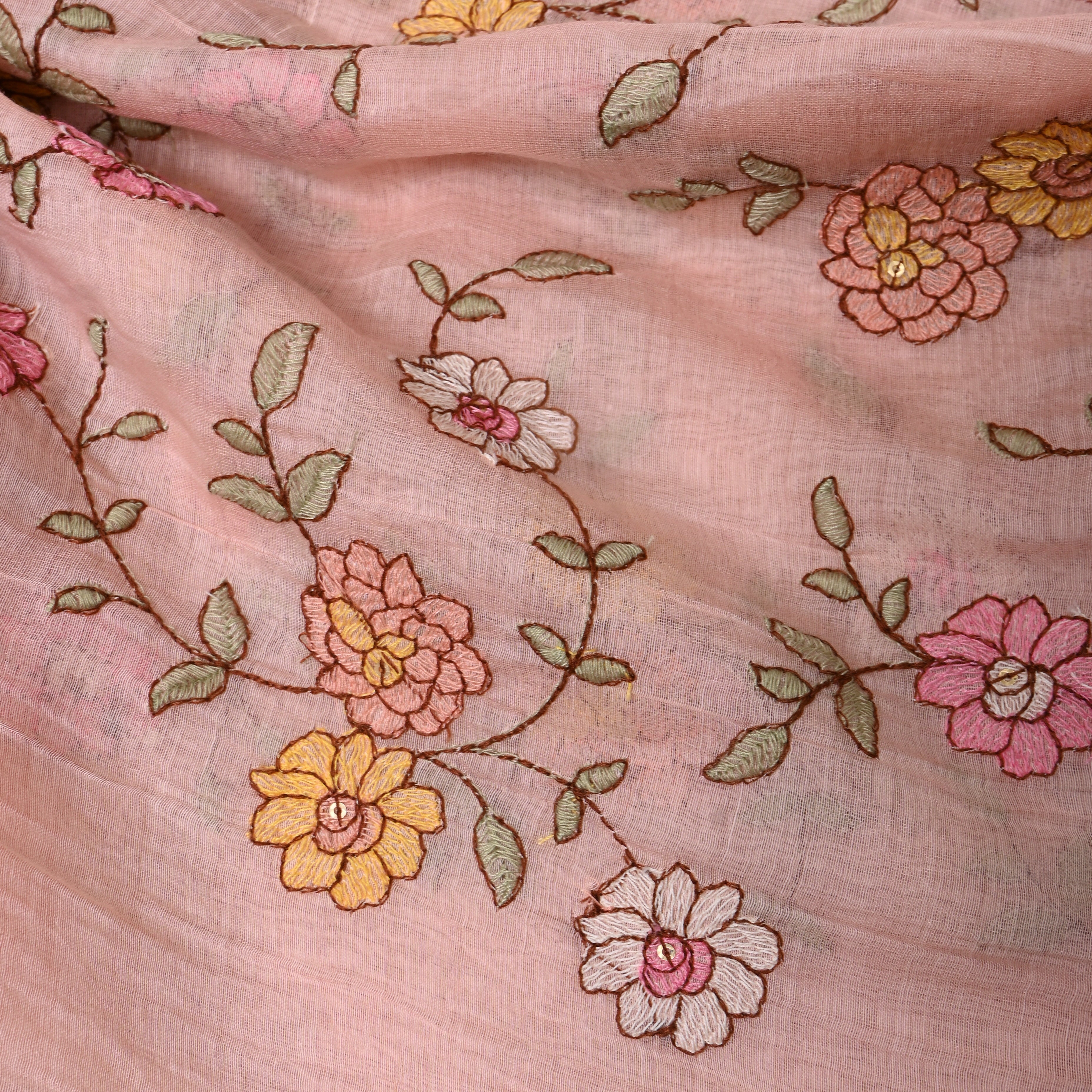 Dusty Pink Chanderi With Floral Vine Embroidery And Sequin Work