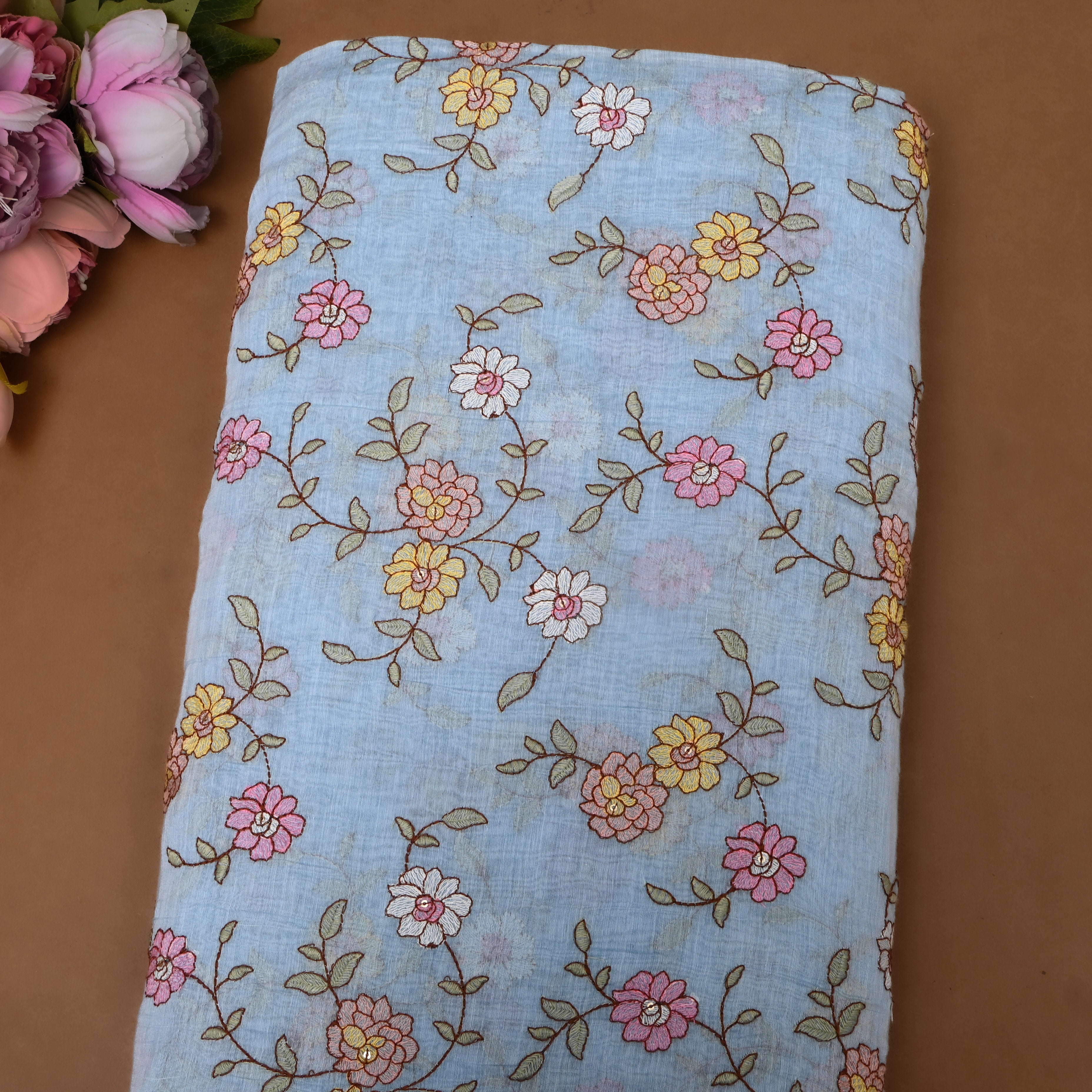 Sky Blue Chanderi With Floral Vine Embroidery And Sequin Detailing