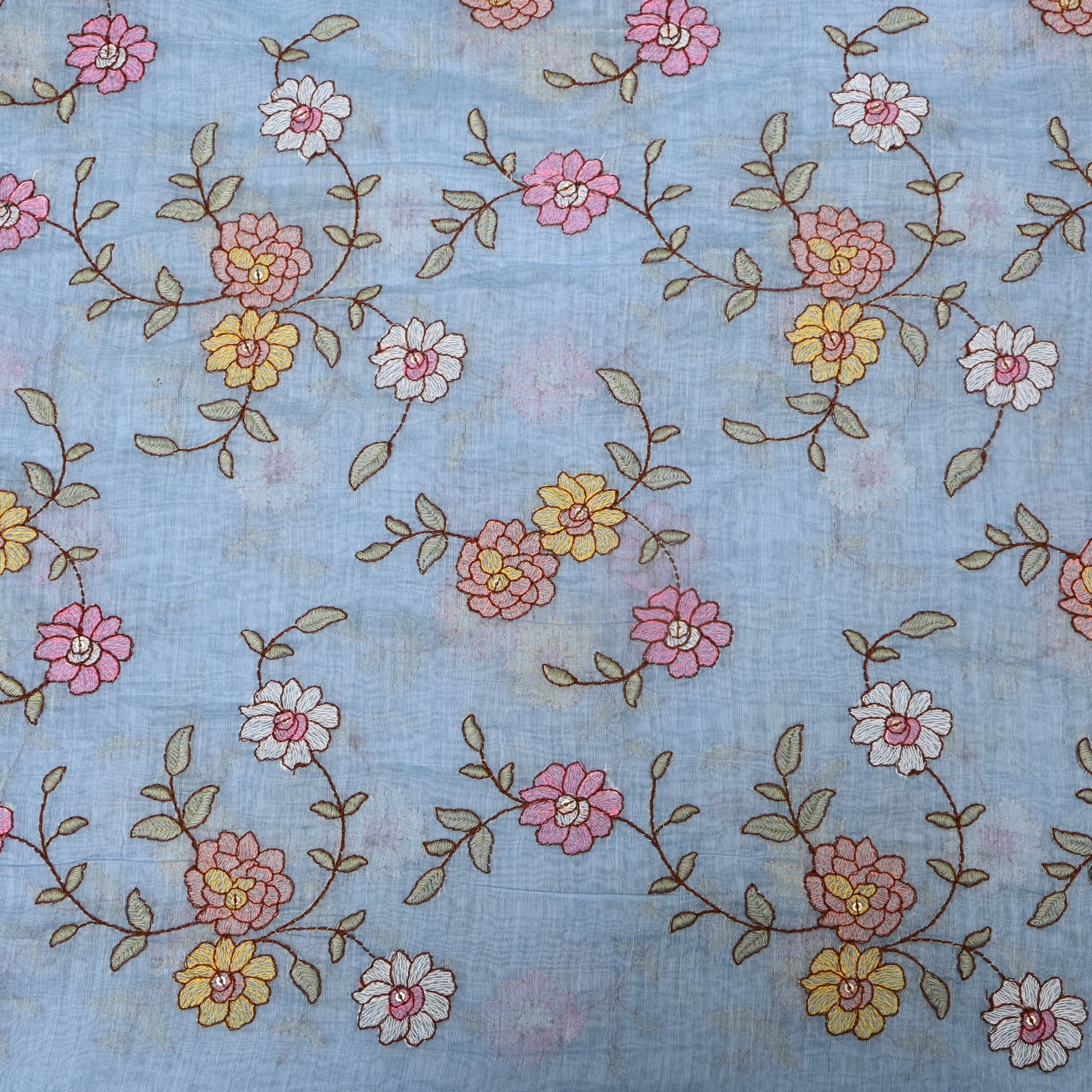 Sky Blue Chanderi With Floral Vine Embroidery And Sequin Detailing