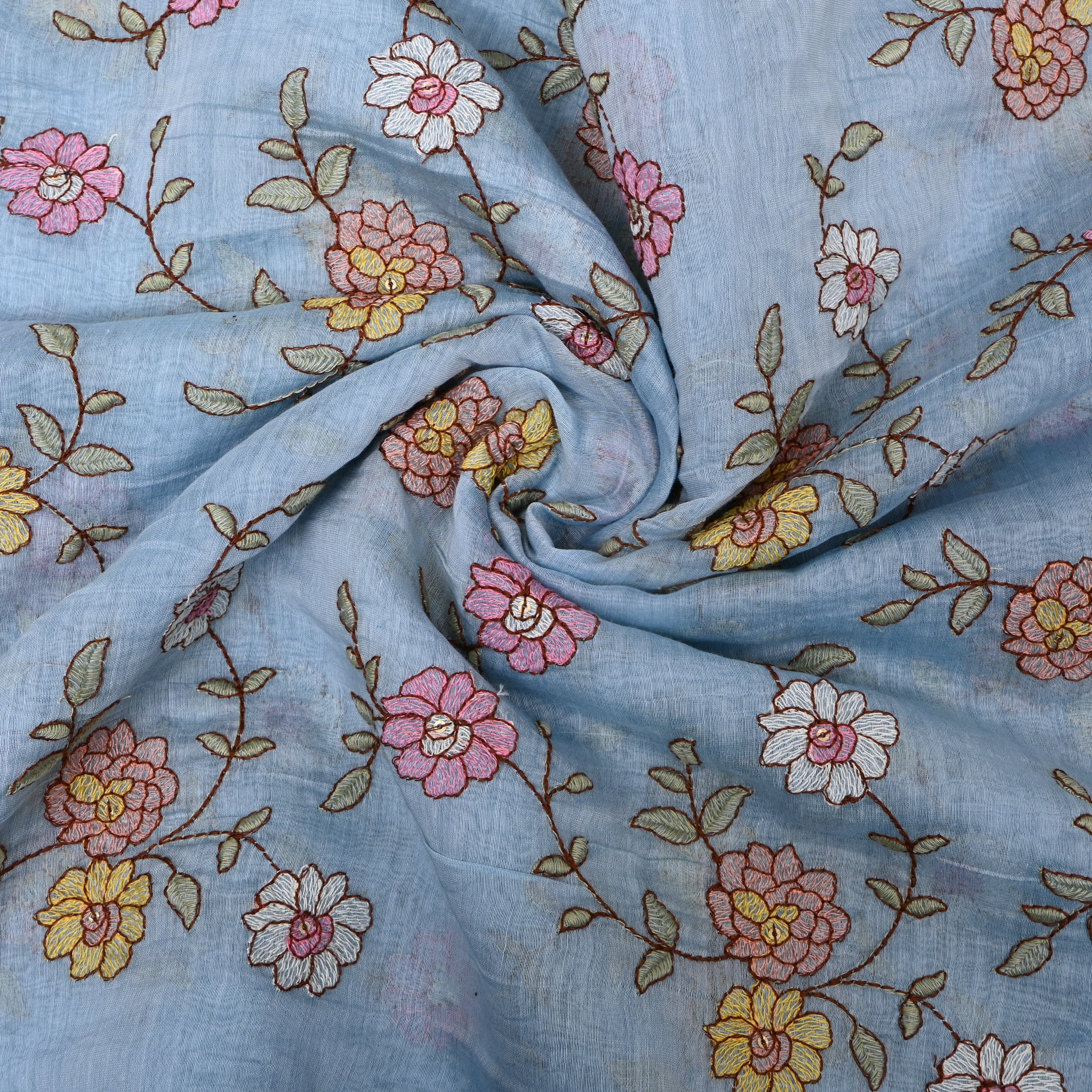 Sky Blue Chanderi With Floral Vine Embroidery And Sequin Detailing