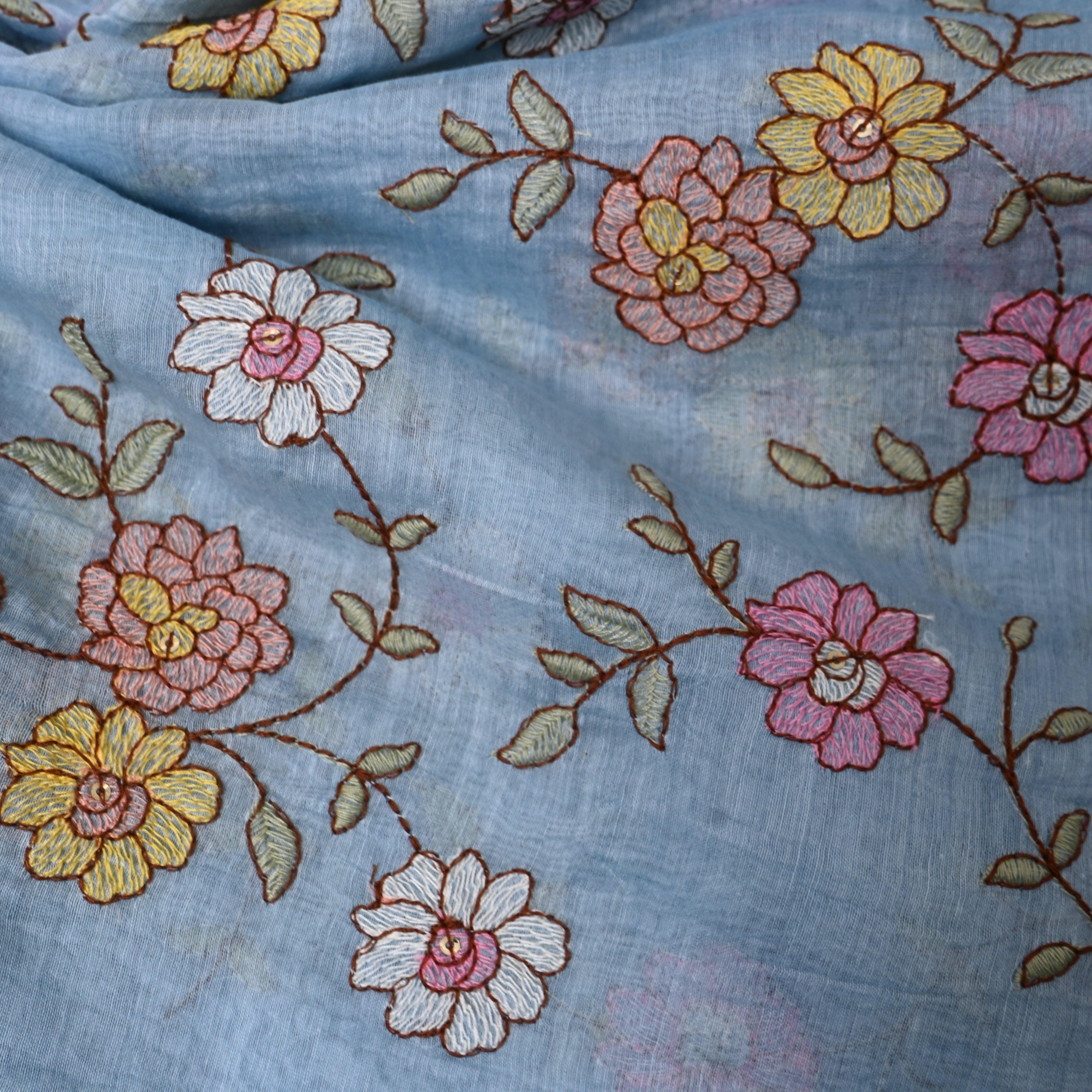 Sky Blue Chanderi With Floral Vine Embroidery And Sequin Detailing