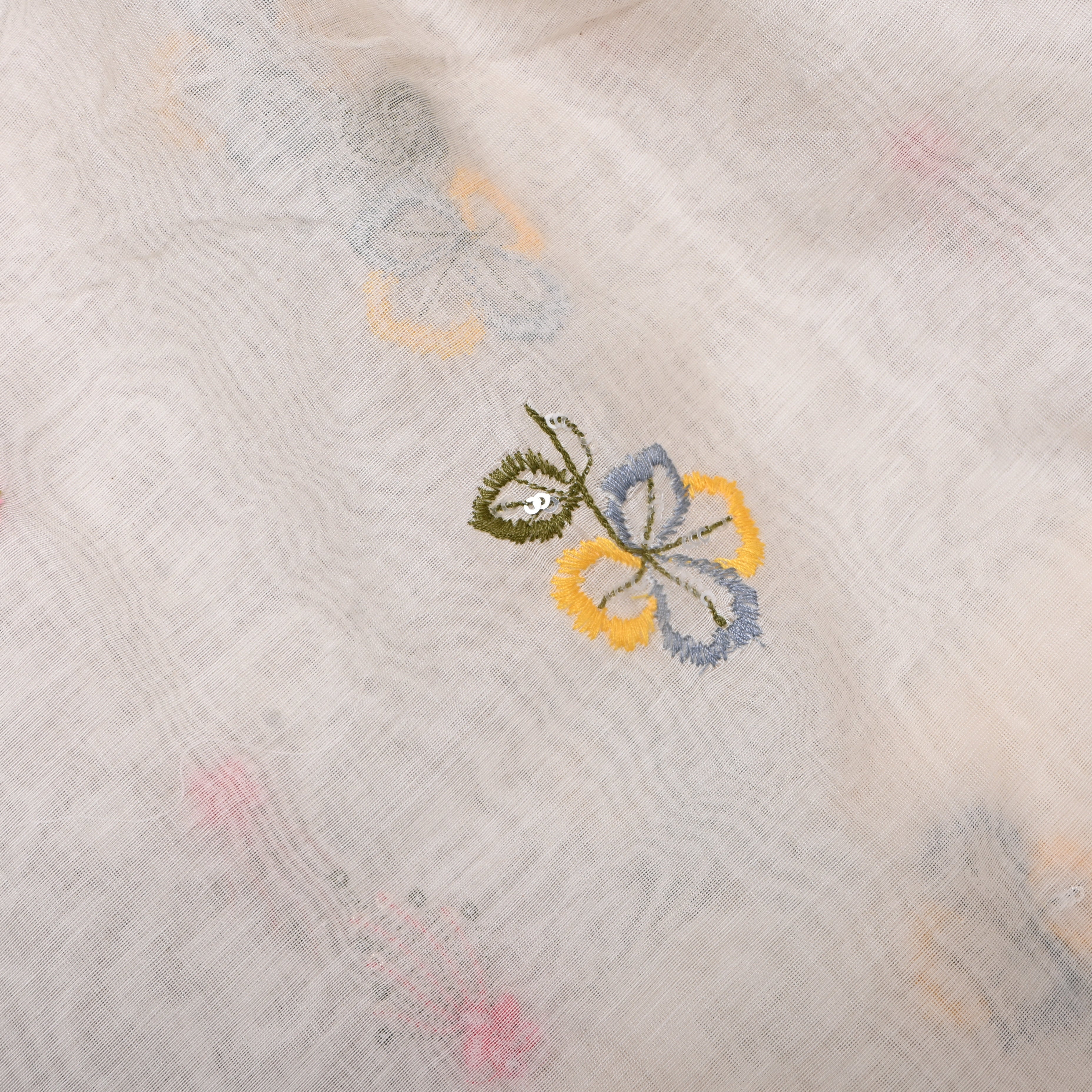White Multicolour Floral Motif Sequin Embroidery Chanderi Fabric