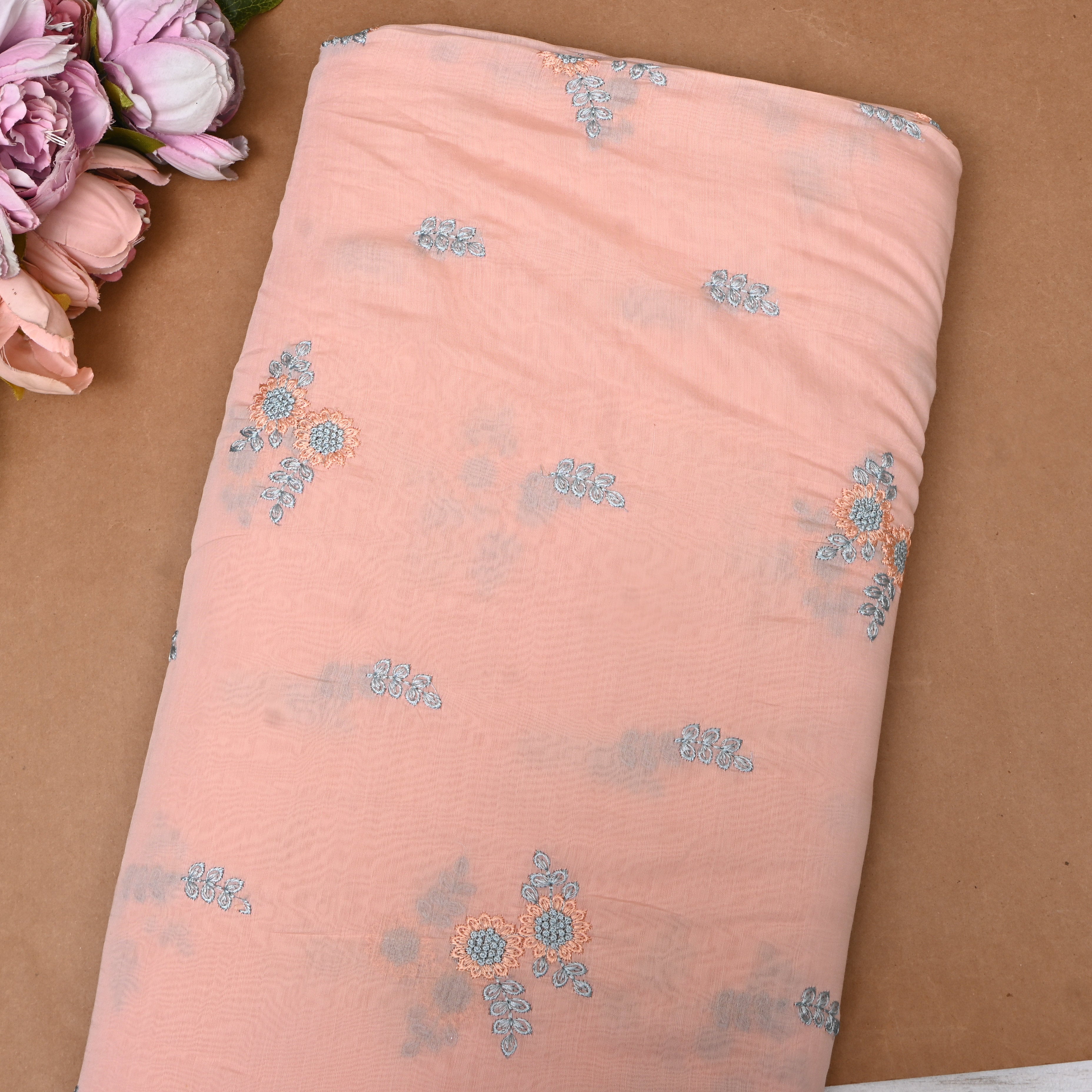 Peach Embroidery Silk With Floral Bouquet Motifs