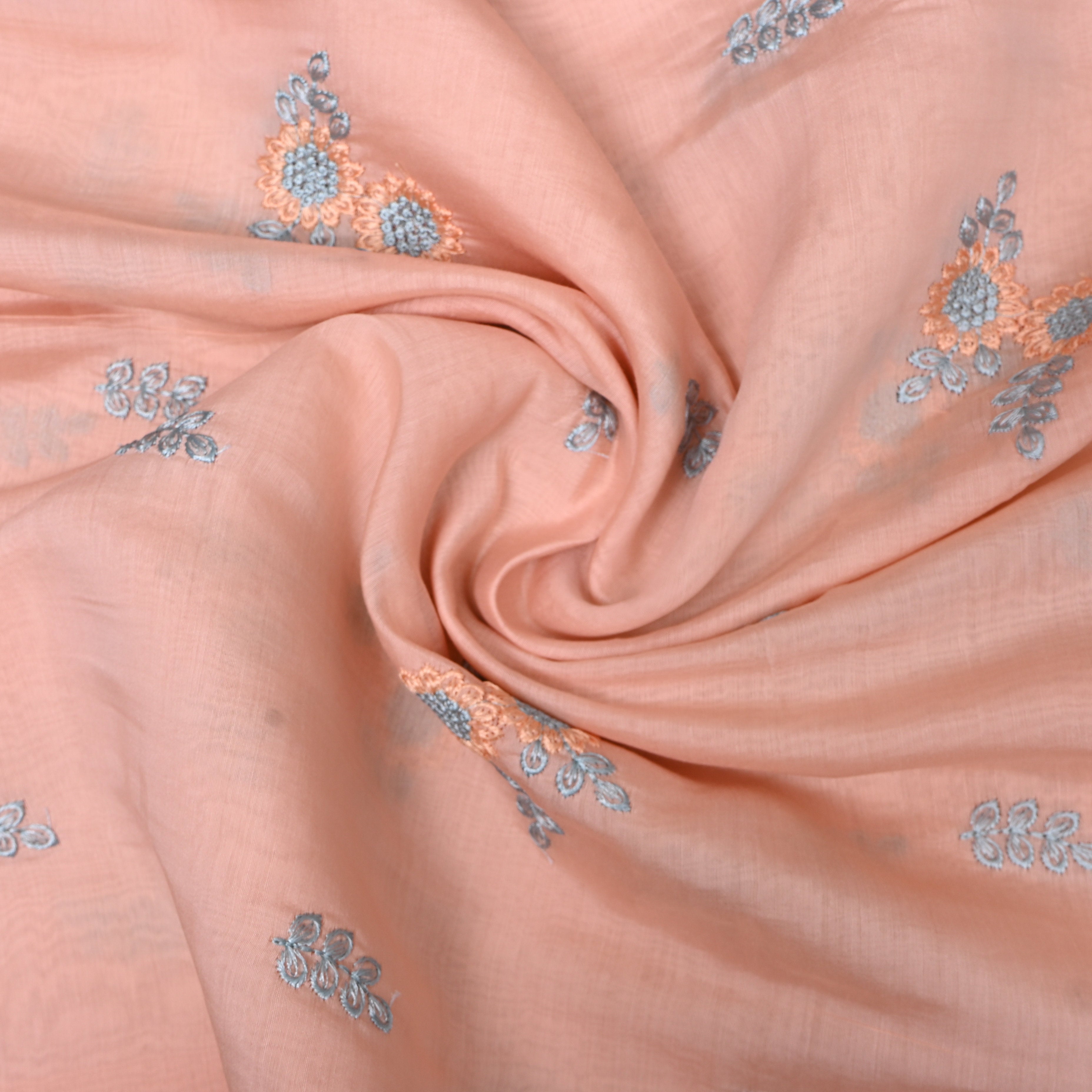 Peach Embroidery Silk With Floral Bouquet Motifs