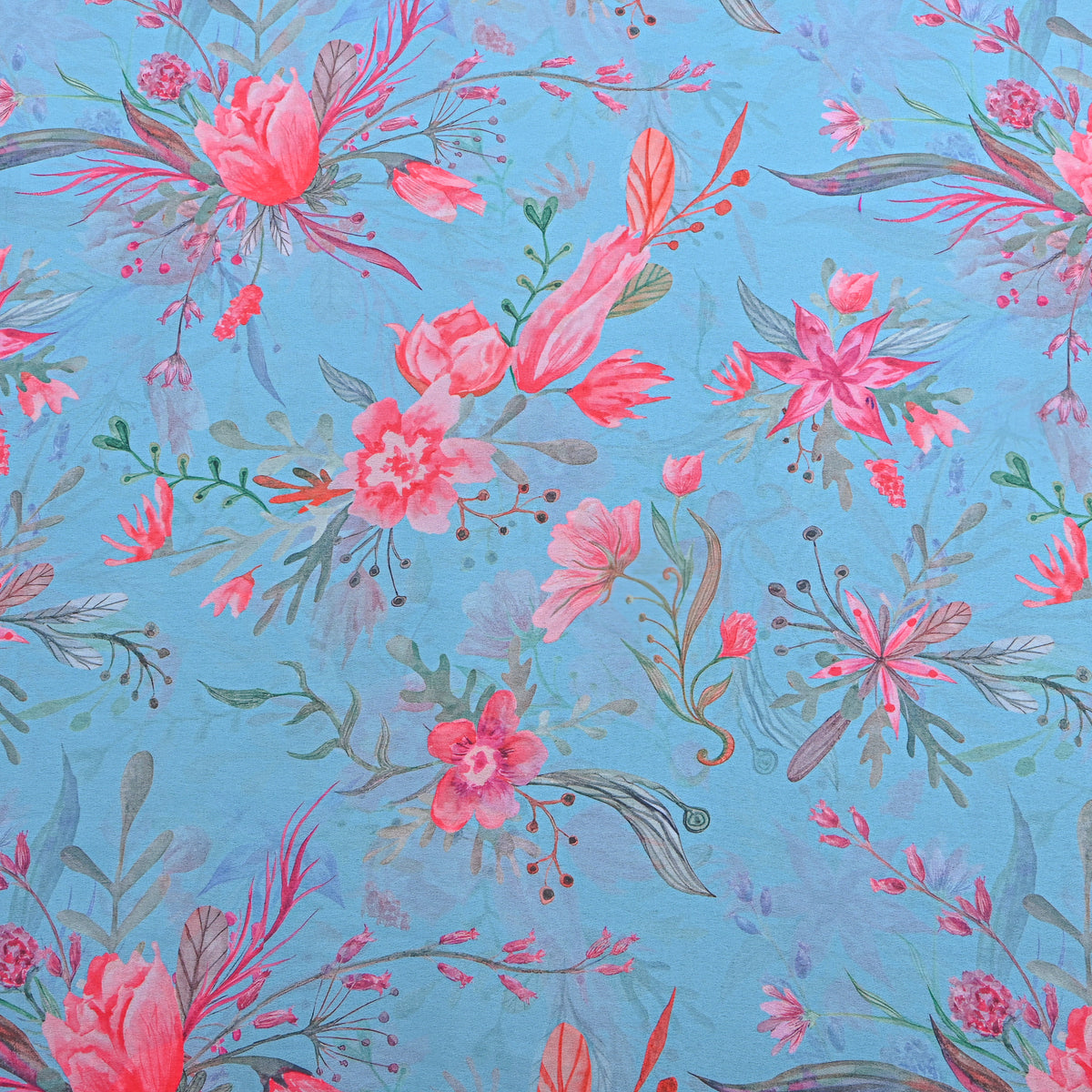 Sky Blue Wildflower Print Georgette Fabric
