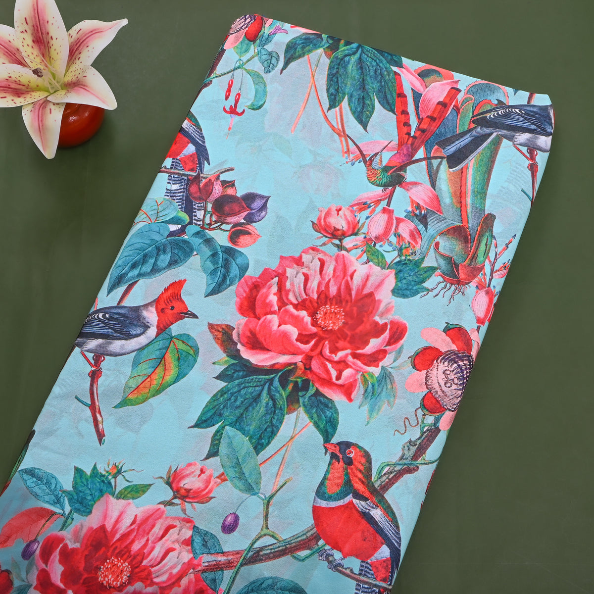 Aqua Blue Bird Garden Print Georgette Fabric