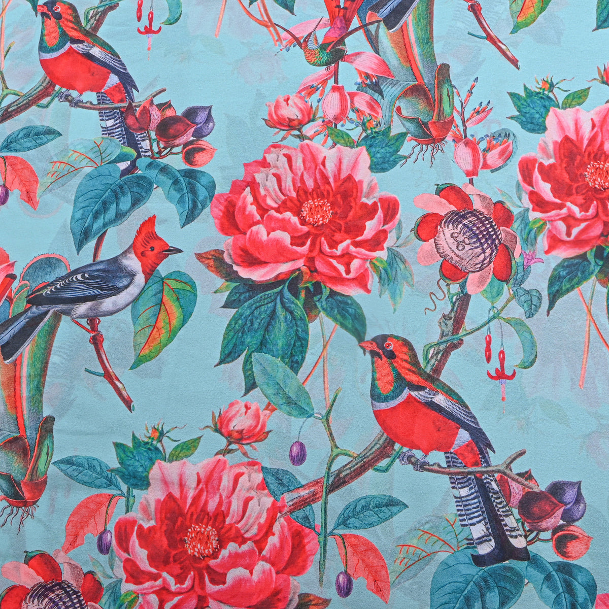Aqua Blue Bird Garden Print Georgette Fabric