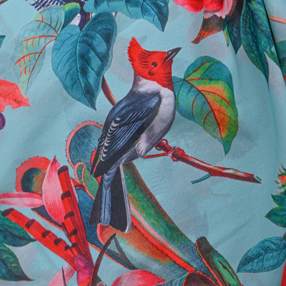 Aqua Blue Bird Garden Print Georgette Fabric