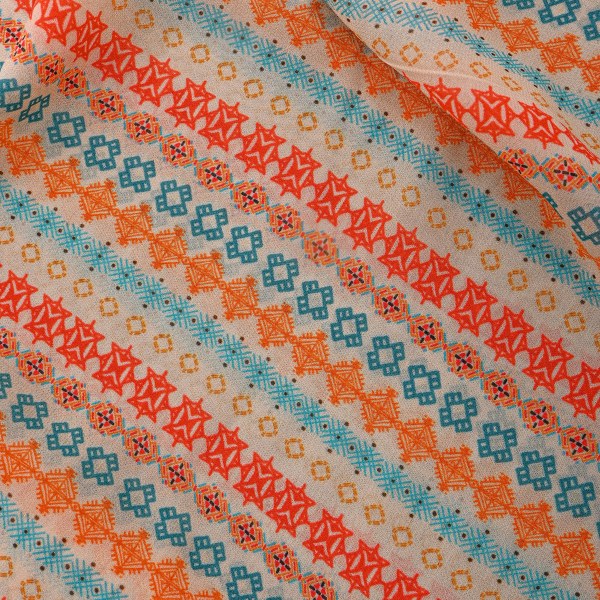 Sandstone Cream Multi Geometric Stripe Digital Print Georgette Fabric