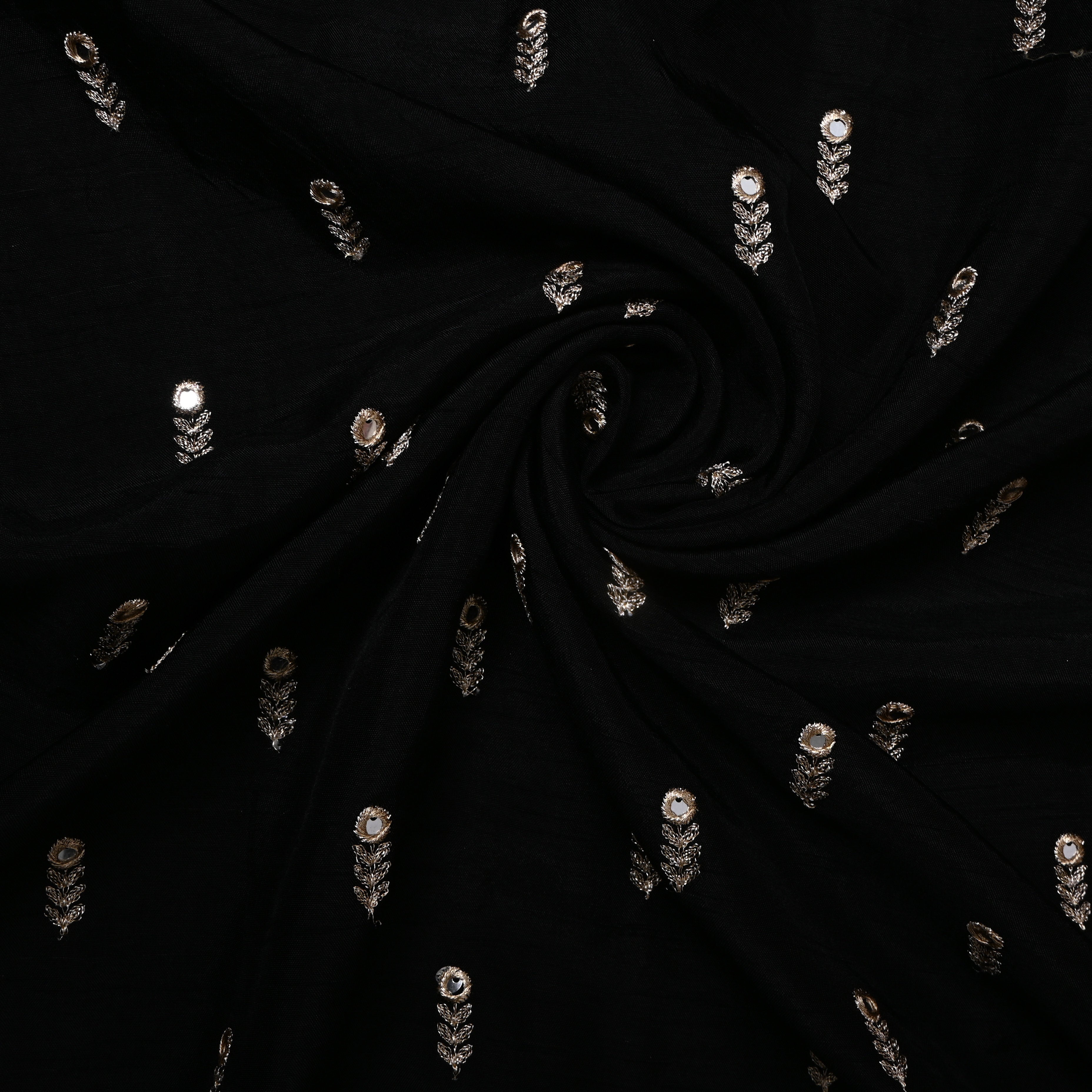 Black Mirror Work Booti Embroidered Silk Fabric