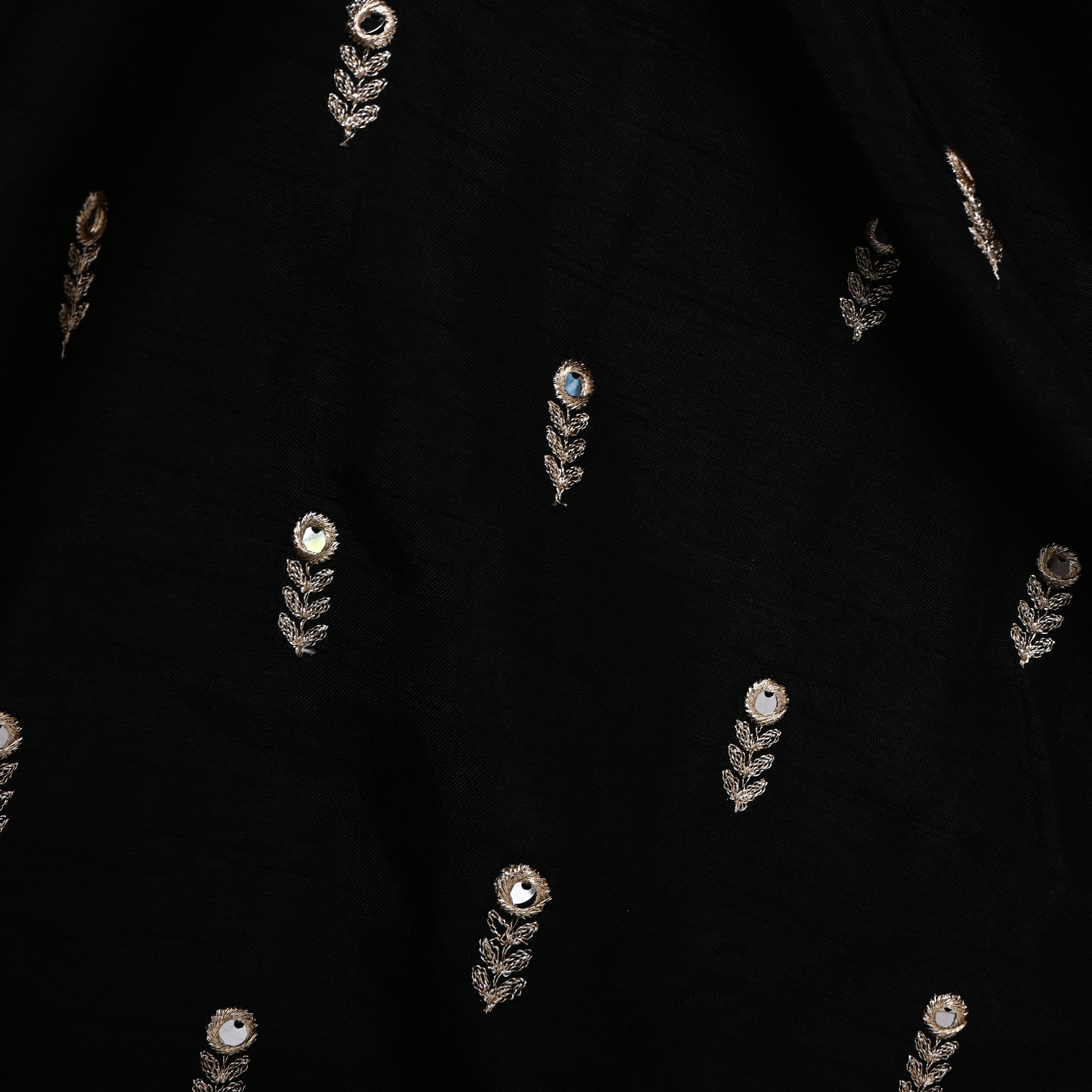 Black Mirror Work Booti Embroidered Silk Fabric