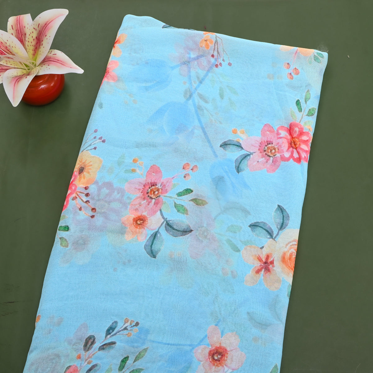 Powder Blue Spring Bloom Print Chiffon Fabric