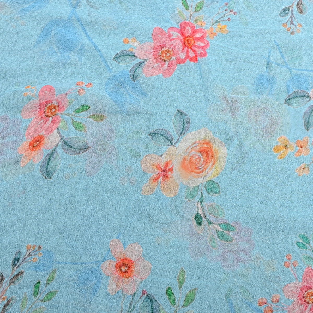 Powder Blue Spring Bloom Print Chiffon Fabric