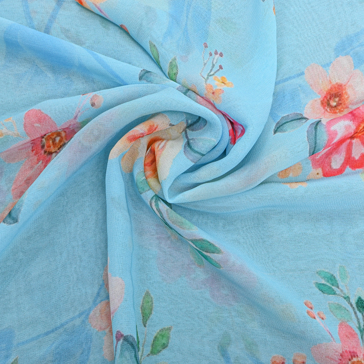 Powder Blue Spring Bloom Print Chiffon Fabric