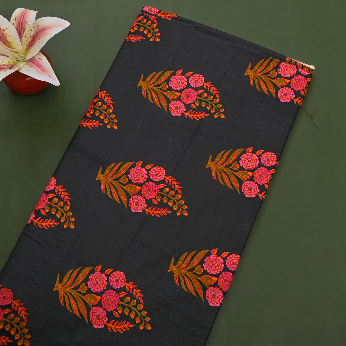 Kohl Black Floral Butti Digital Print Silk Fabric