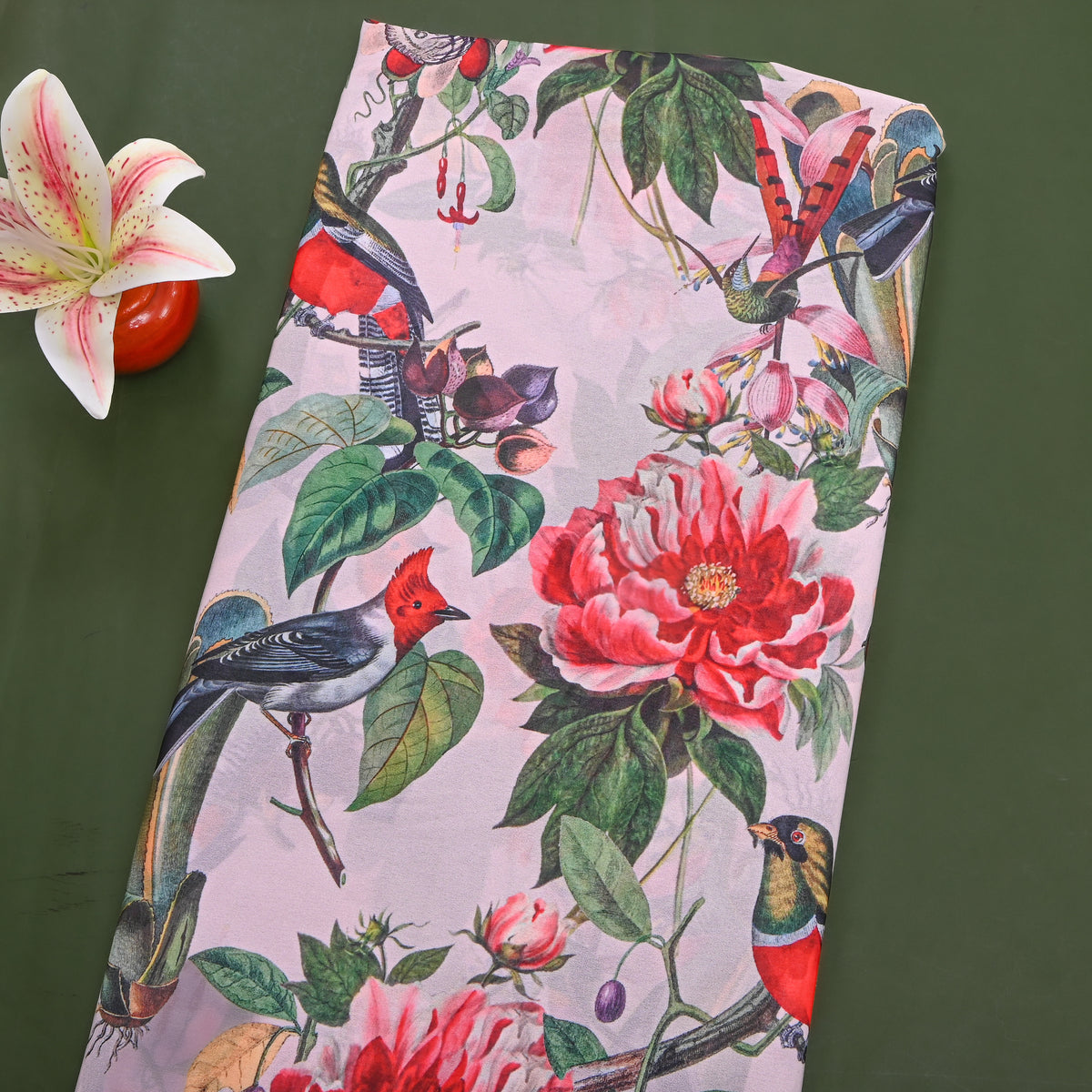 Ivory Bird Floral Print Georgette Fabric