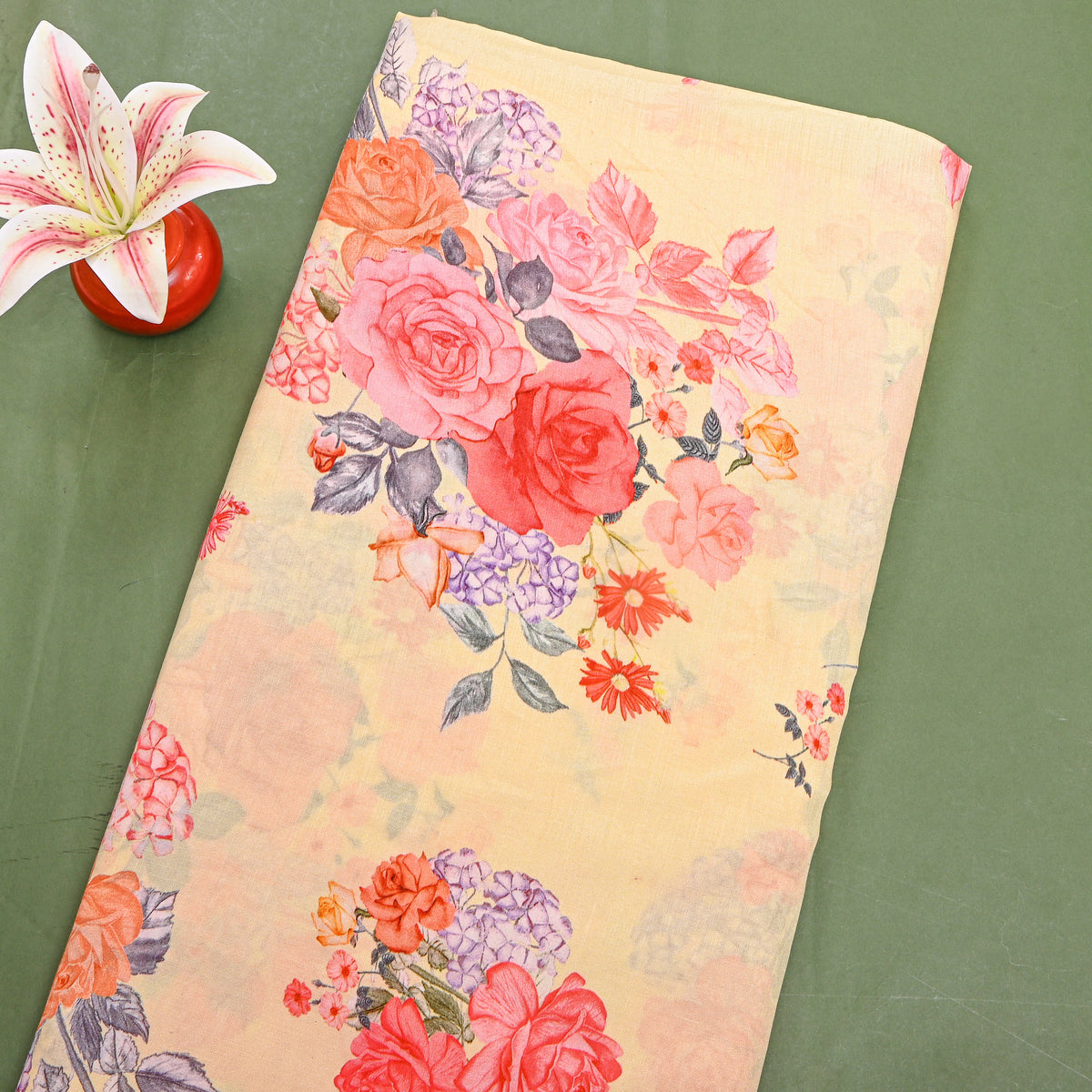 Warm Cream Floral Cluster Printed Silk Fabric