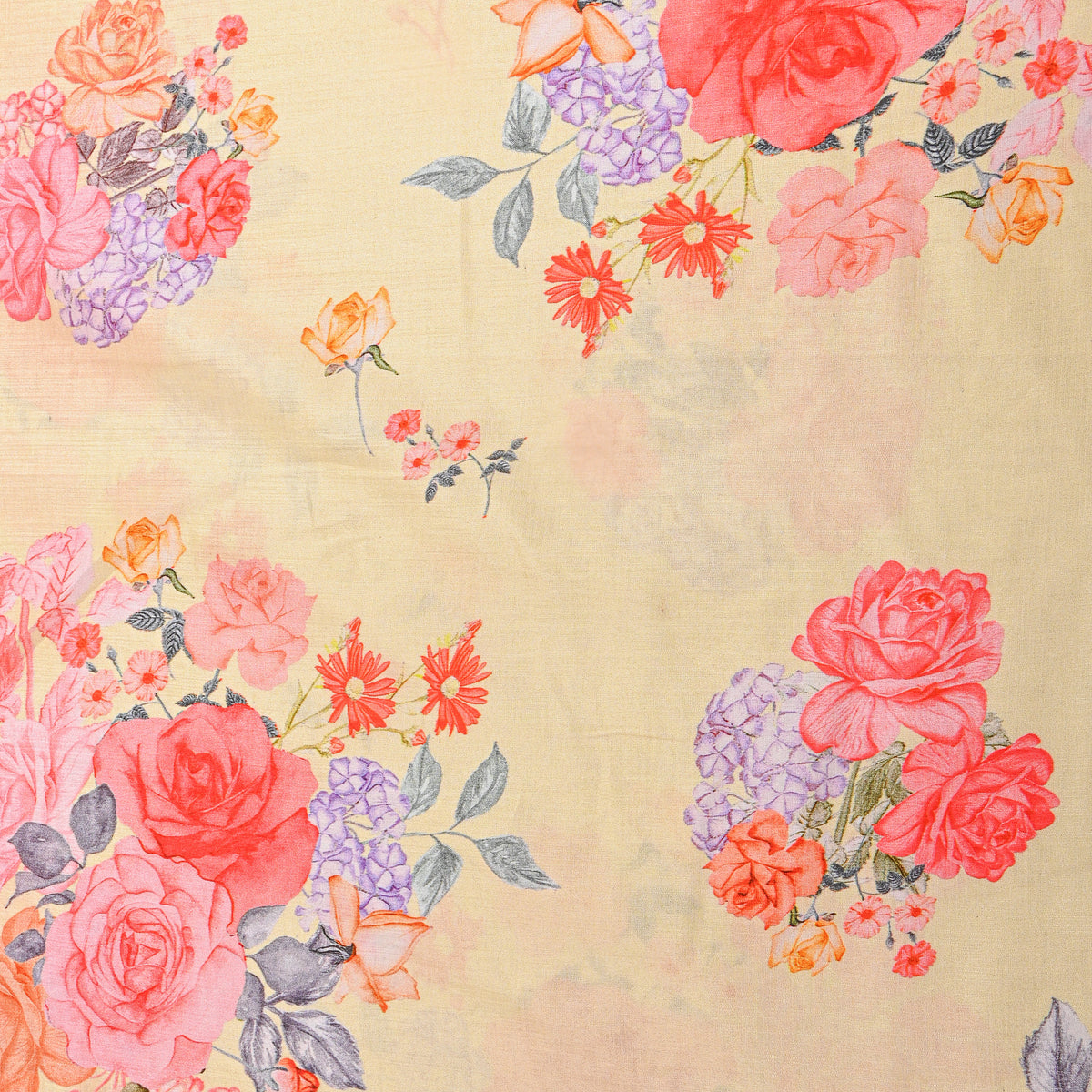 Warm Cream Floral Cluster Printed Silk Fabric