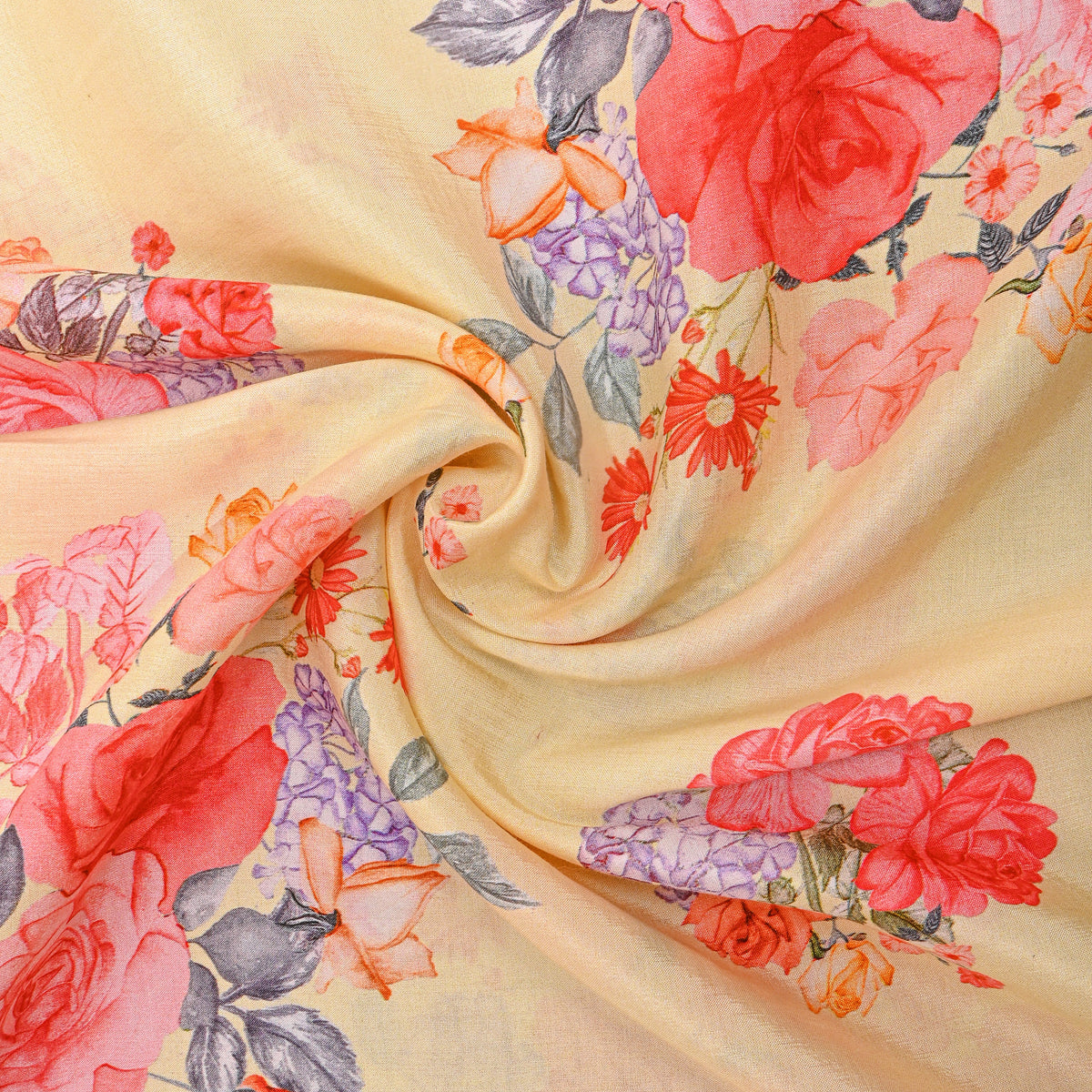 Warm Cream Floral Cluster Printed Silk Fabric