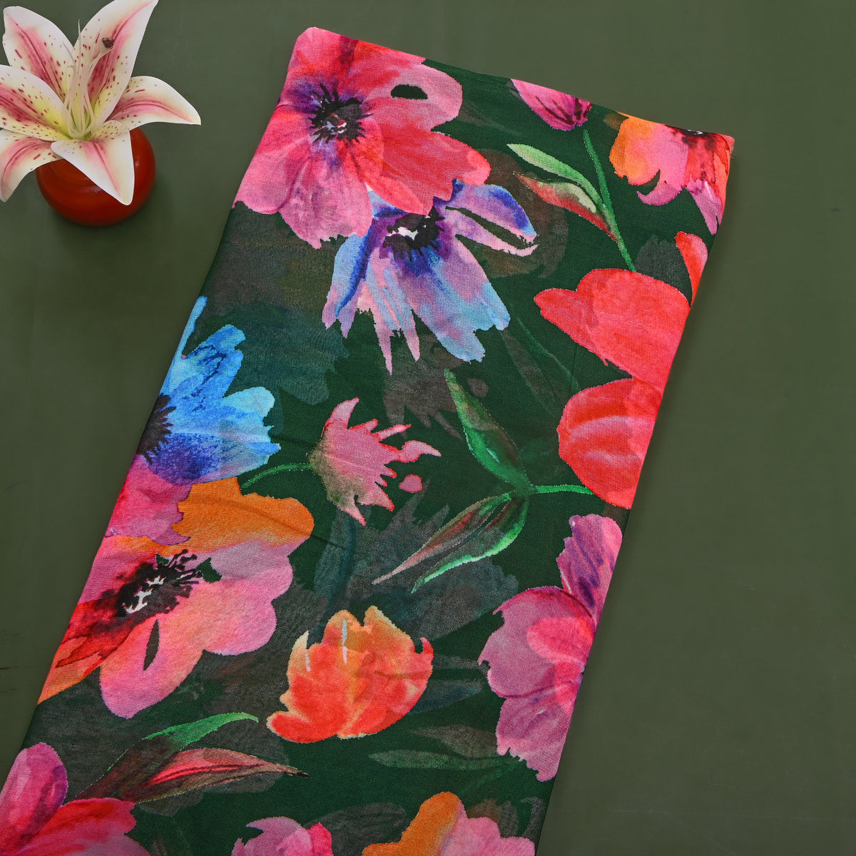 Bottle Green Poppy Print Chiffon Fabric