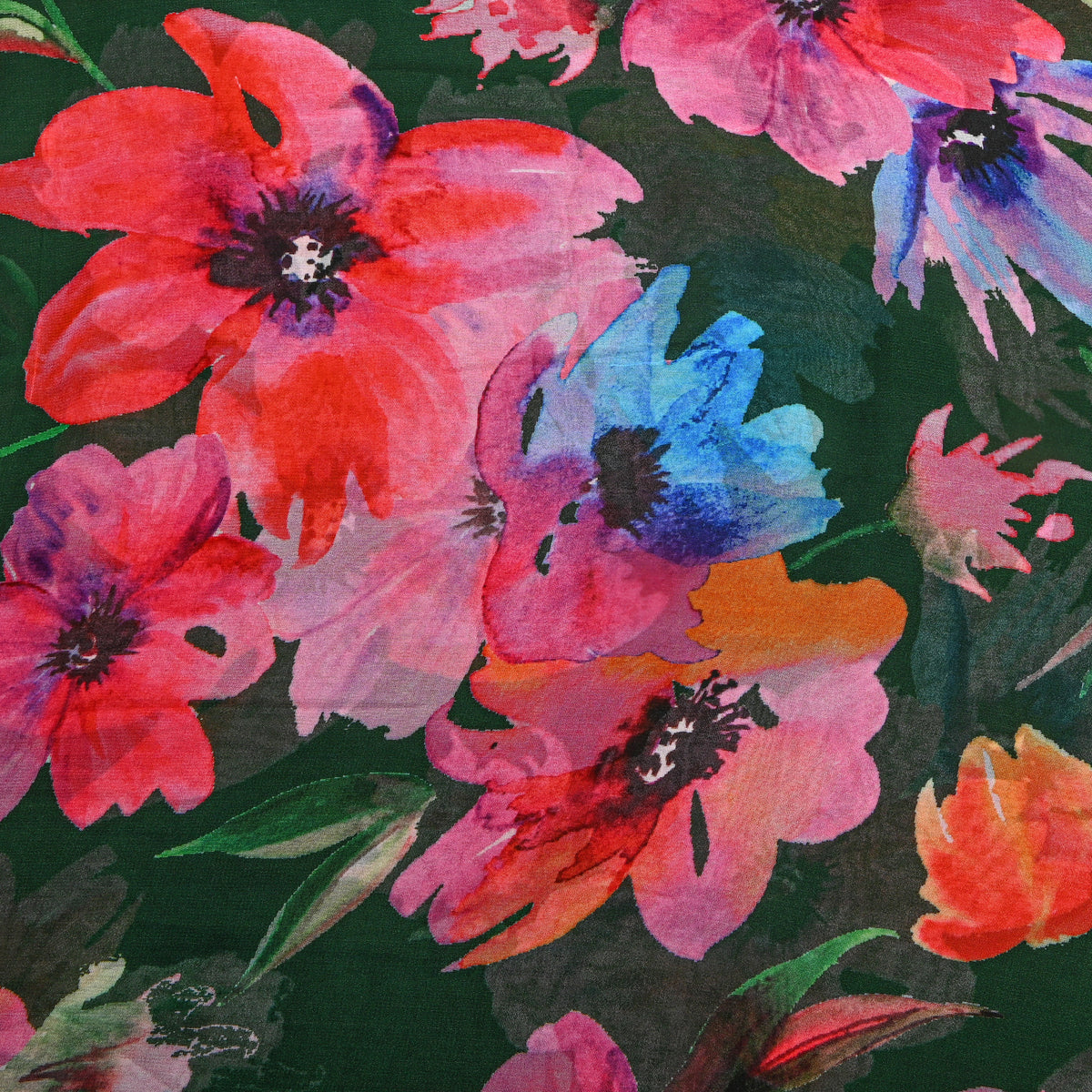 Bottle Green Poppy Print Chiffon Fabric