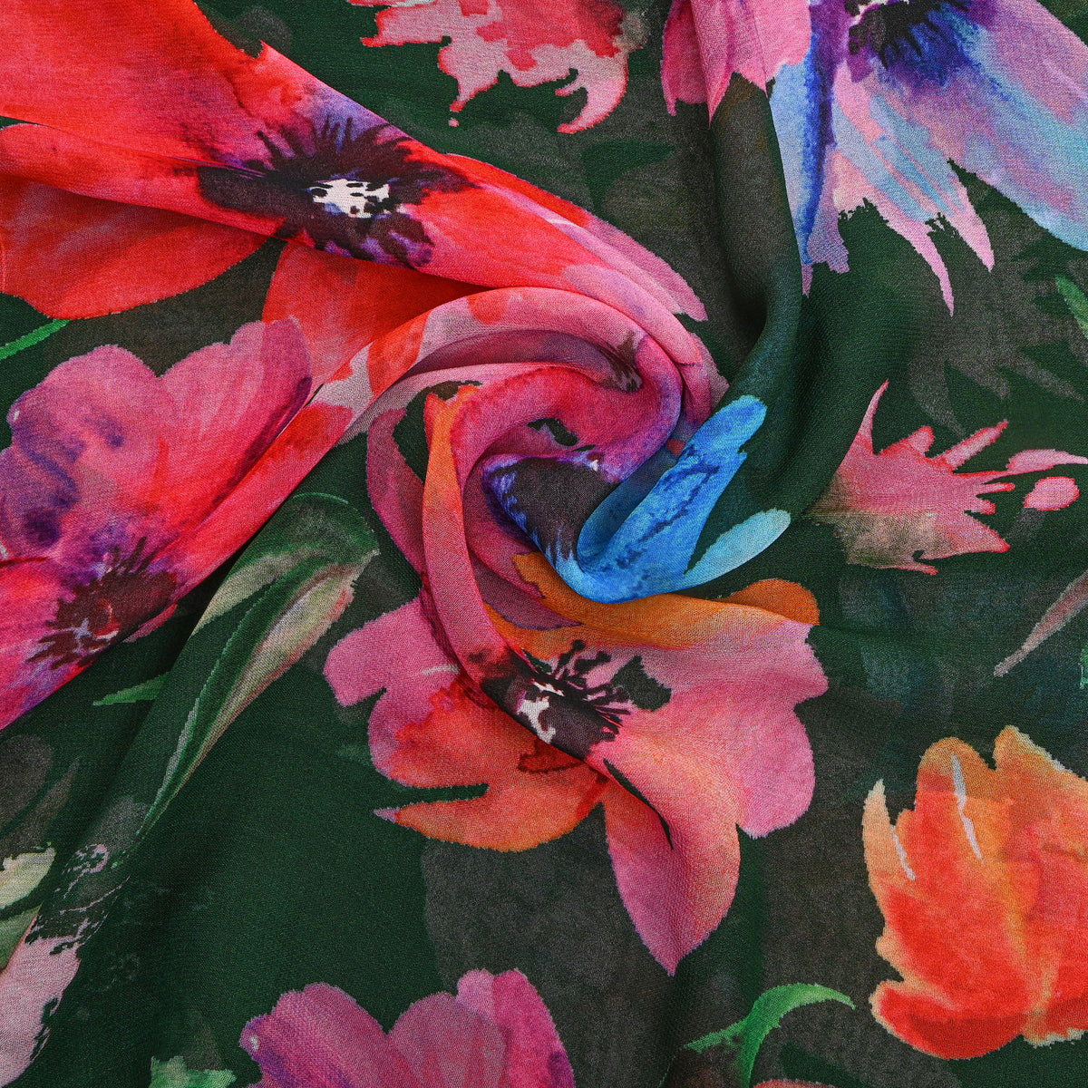 Bottle Green Poppy Print Chiffon Fabric