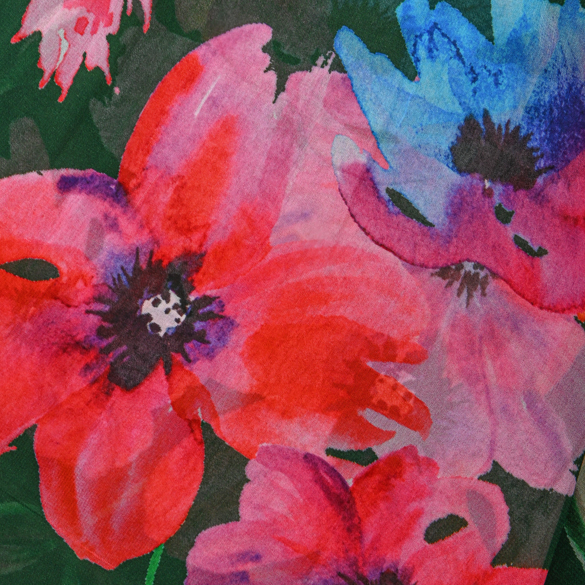 Bottle Green Poppy Print Chiffon Fabric