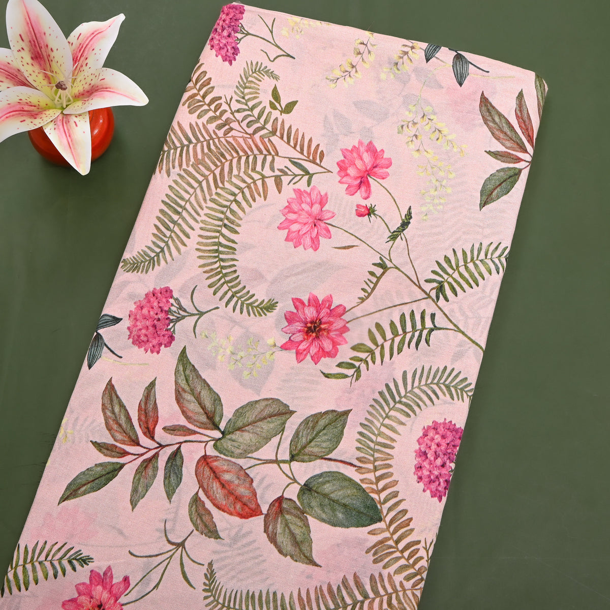 Pastel Peach Fern And Botanical Floral Printed Silk Fabric