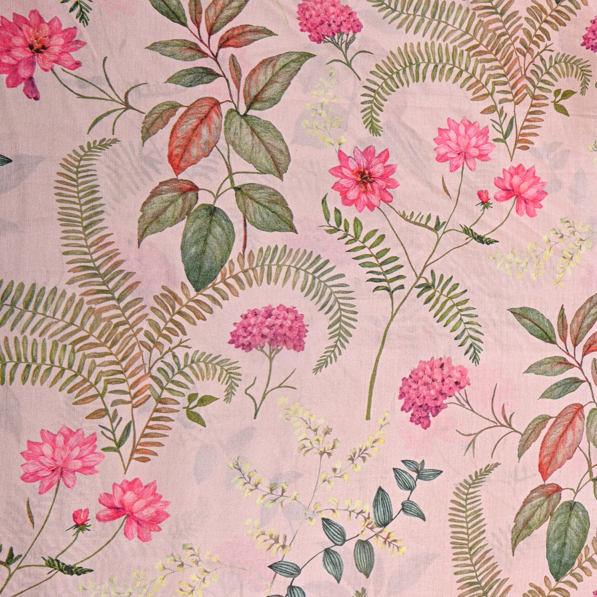 Pastel Peach Fern And Botanical Floral Printed Silk Fabric