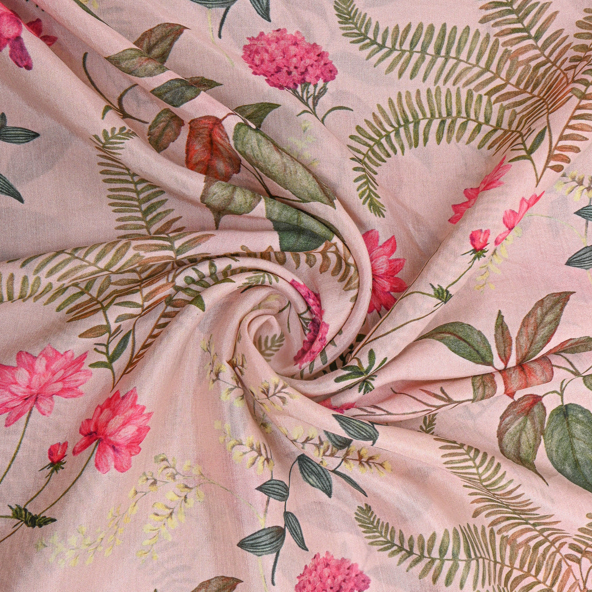 Pastel Peach Fern And Botanical Floral Printed Silk Fabric