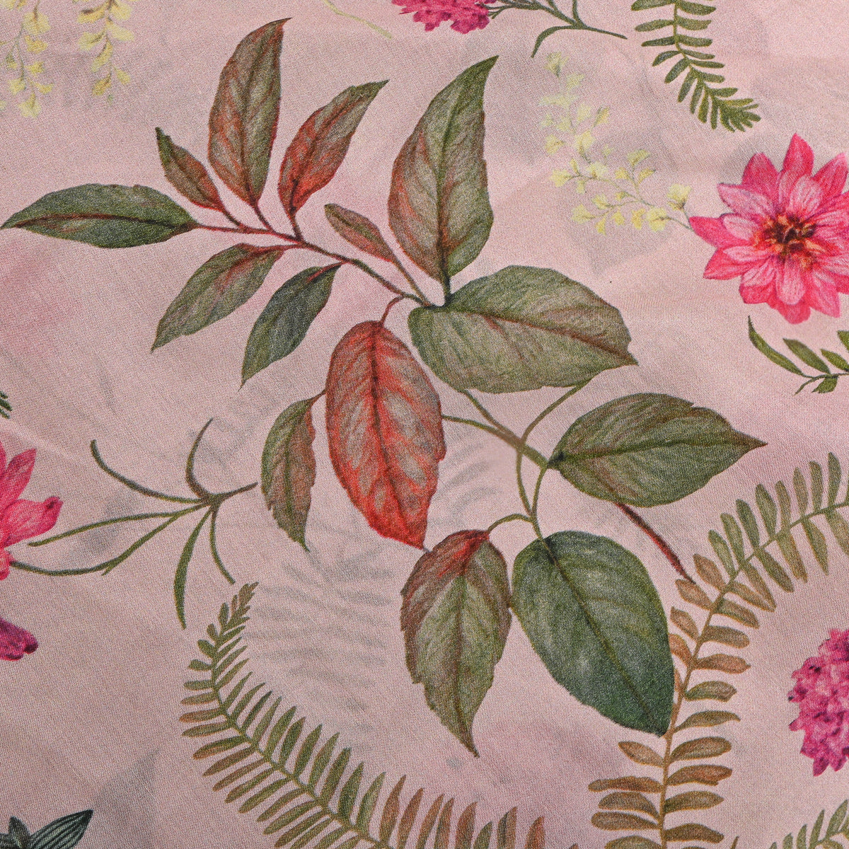 Pastel Peach Fern And Botanical Floral Printed Silk Fabric