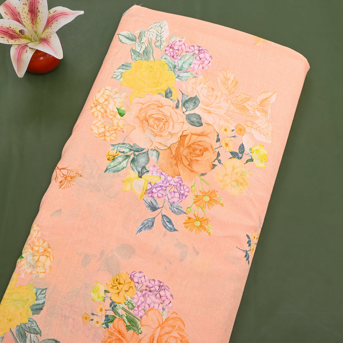 Peach Blossom Rose Cluster Printed Silk Fabric