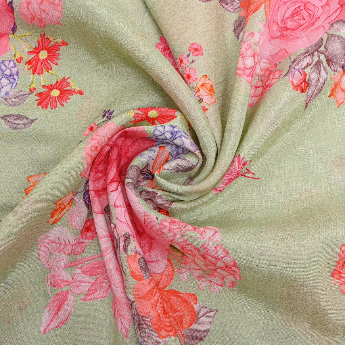 Sage Green Pastel Floral Bouquet Printed Silk Fabric
